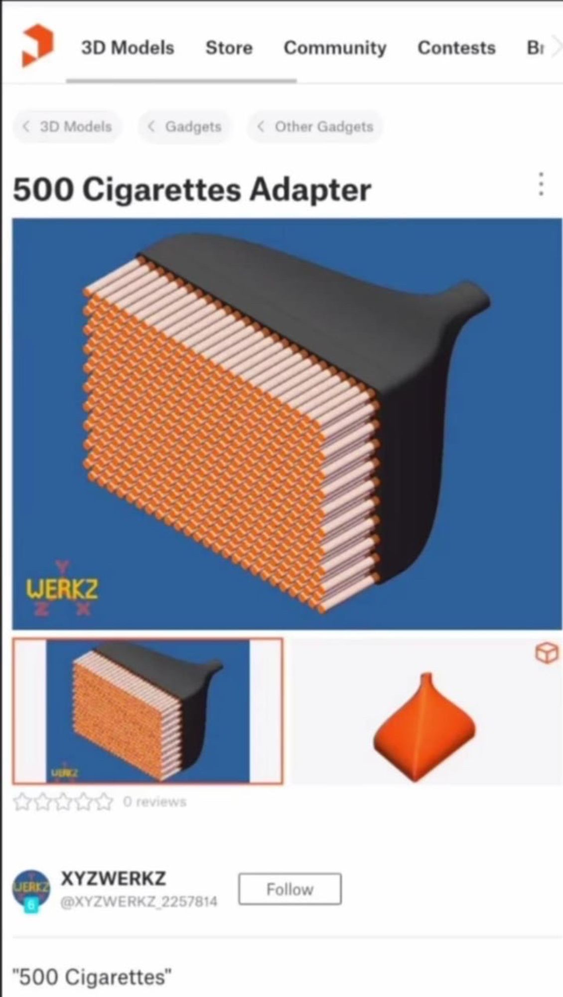 3-D model for what’s called 500 cigarettes which is a 3-D printed adapter for your mouth that extends to hold 500 cigarettes