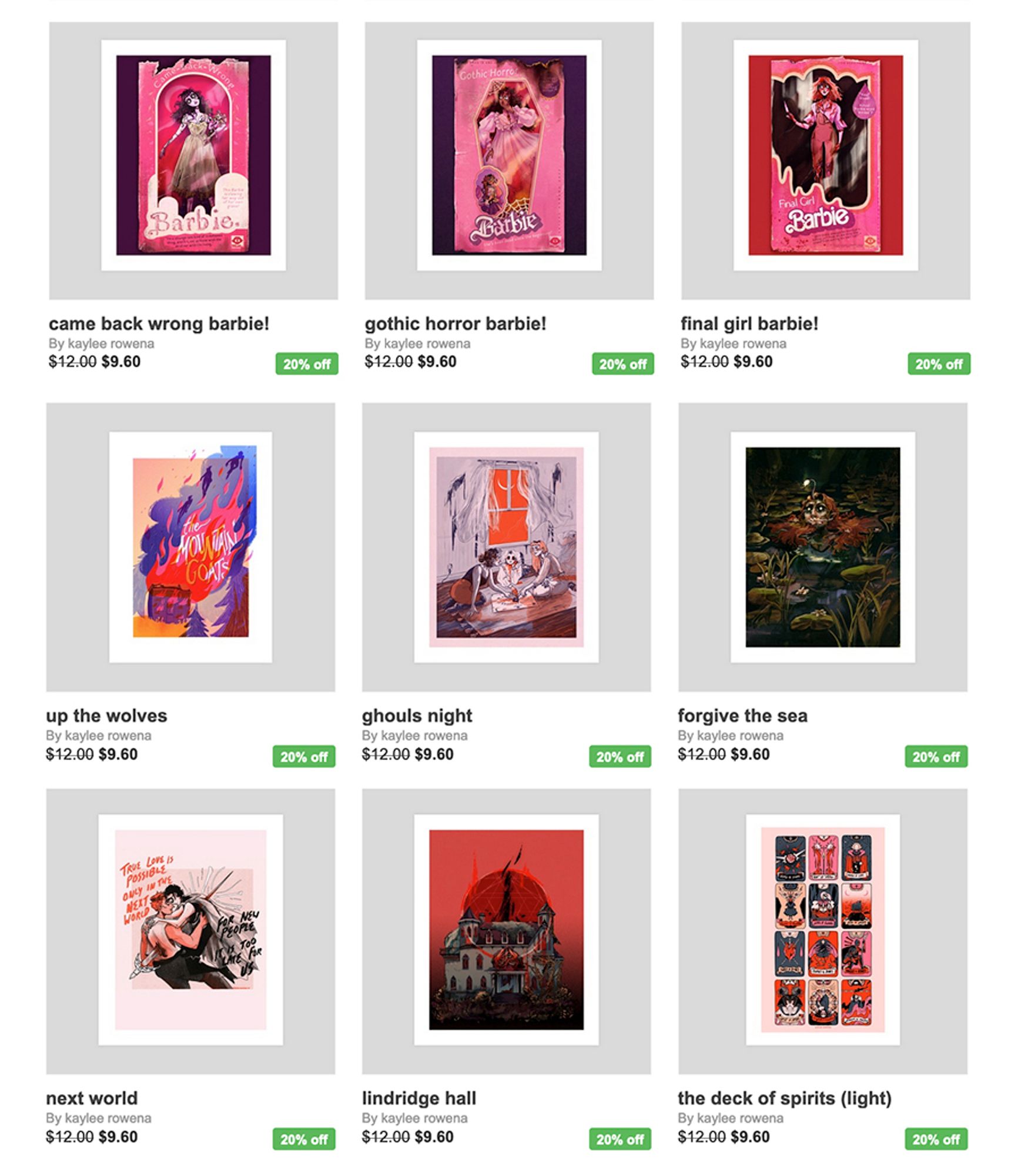 a screenshot of an inprnt store, showing various art prints.