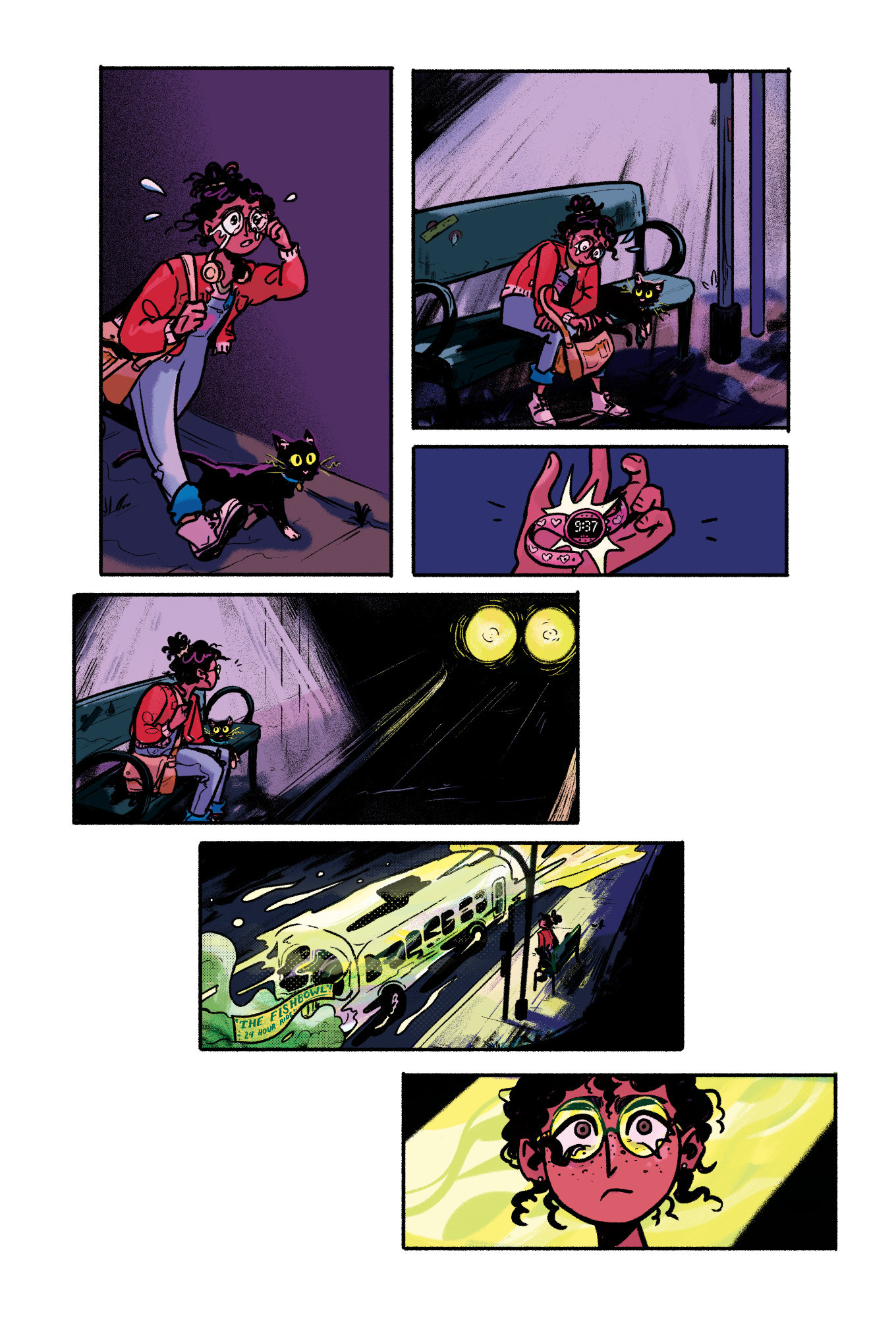 a page from THE WITCH'S WINGS AND OTHER TERRIFYING TALES, an 'are you afraid of the dark' comic, showing the protagonist running down a street with a black cat and sitting on a bus stop bench. she's crying in the first few panels, but shifts to a look of resolve as a ghostly green bus pulls up beside her.