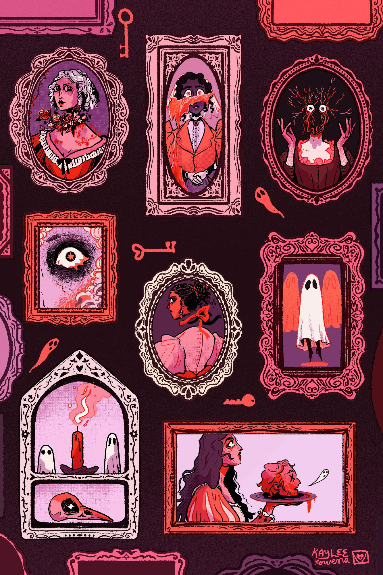 an illustration in shades of purple, red, pink, and black of various picture frames with ghosts in them - a woman with flowers growing out of her neck, another without a head and with floating eyeballs and nerves where a head should be, one with a red gash in the canvas, one holding a severed head on a plate.