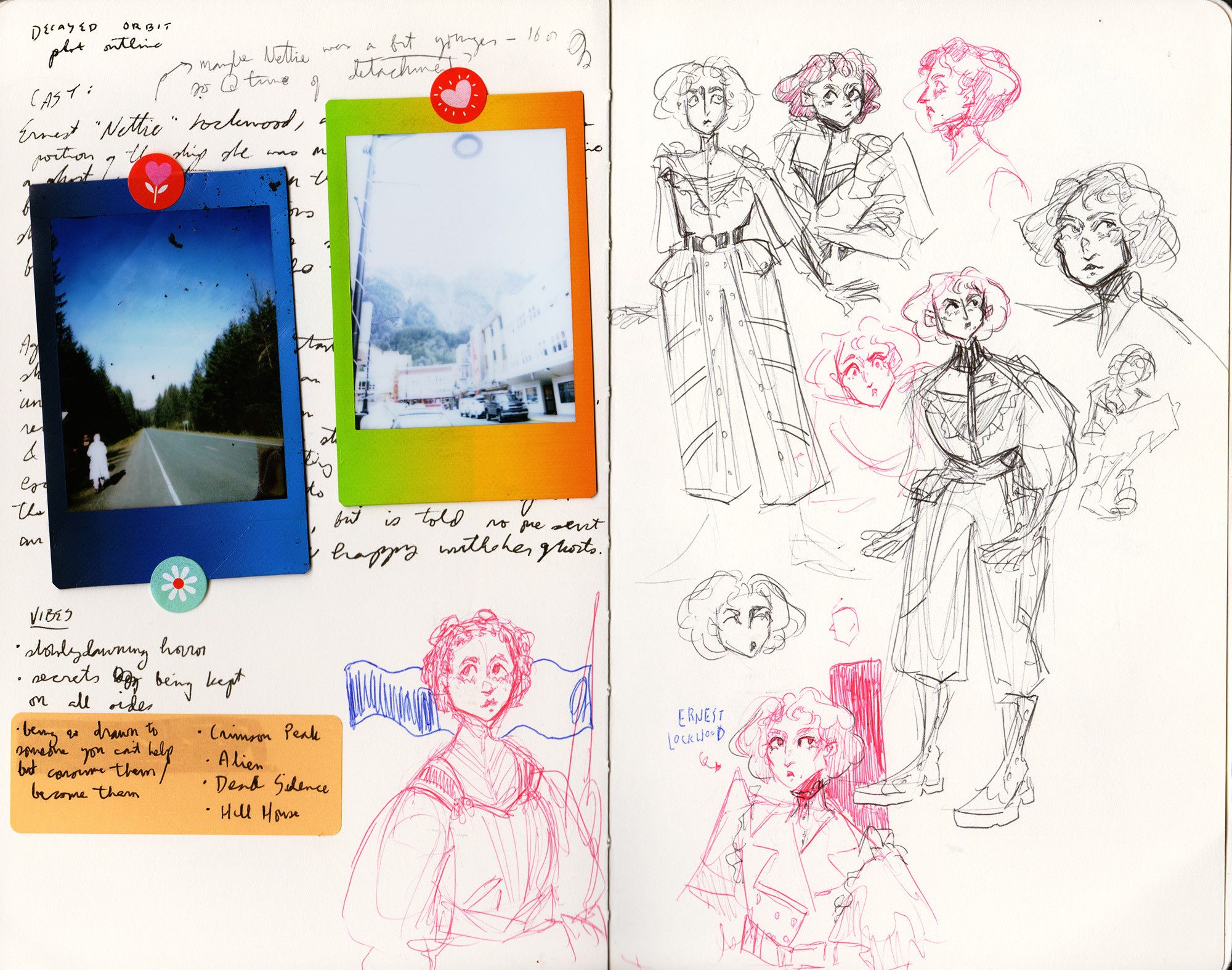 2 sketchbook pages, showing original character doodles and two polaroids of juneau, alaska, attached to the page with stickers.