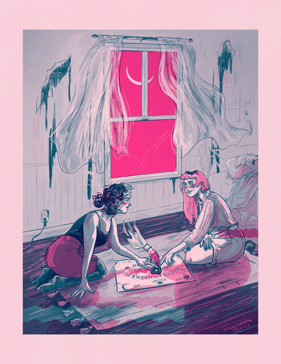 an illustration in pinks and teals of two girls sitting on the floor playing with a ouija board. they're looking at each other in a lesbian sort of way. a ghostly hand joins theirs on the planchette. there's a large window behind them showing the moon outside