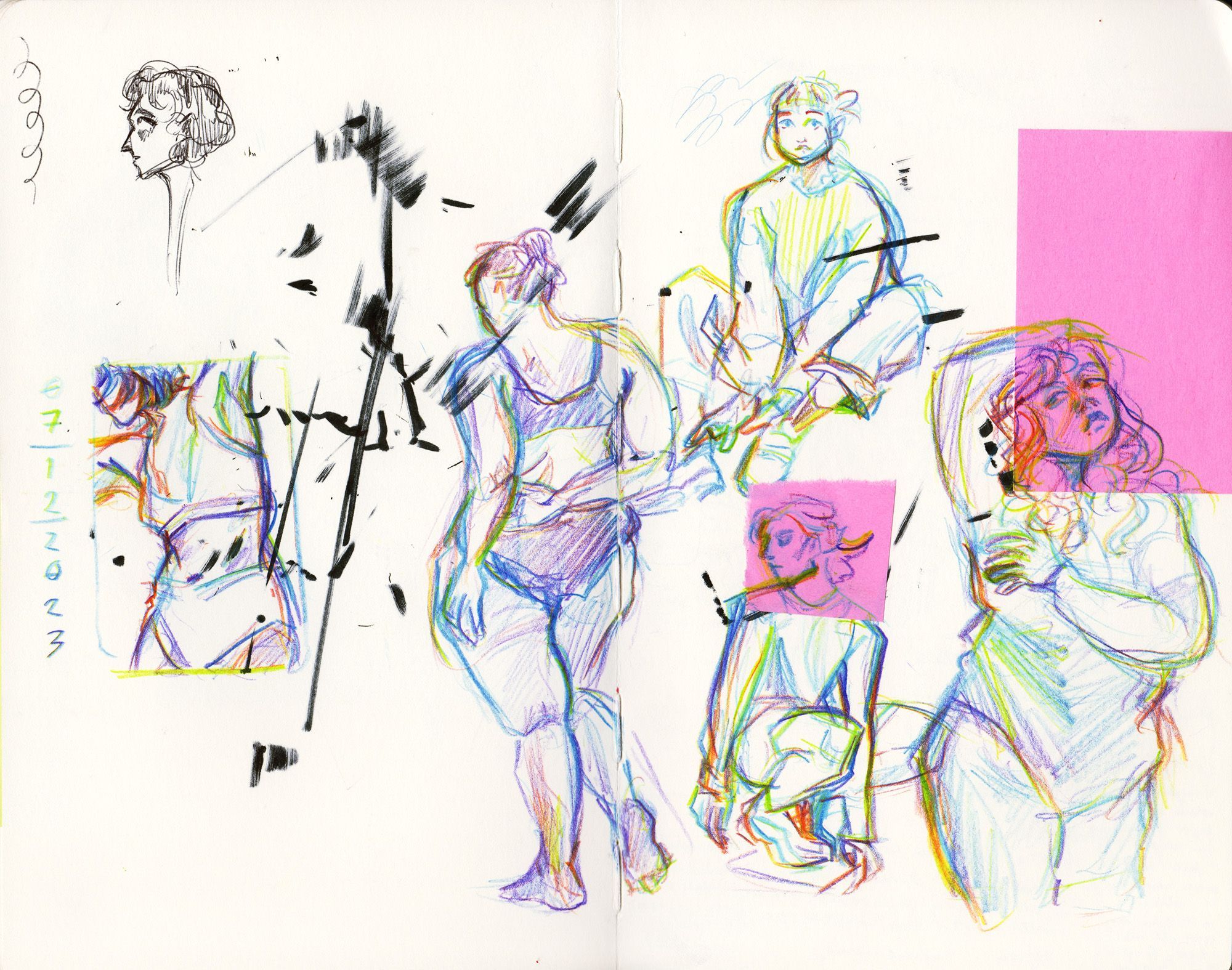 2 pages of figure drawing sketches, done in rainbow pencil.