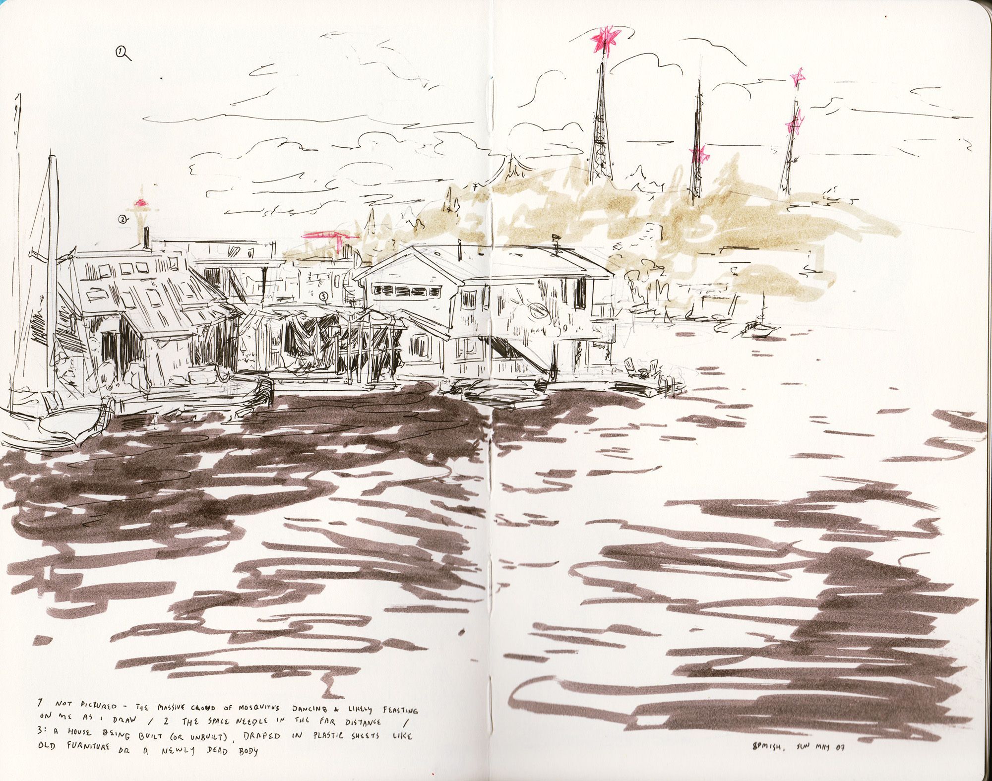 a drawing spanning 2 sketchbook pages of a harbor in seattle.