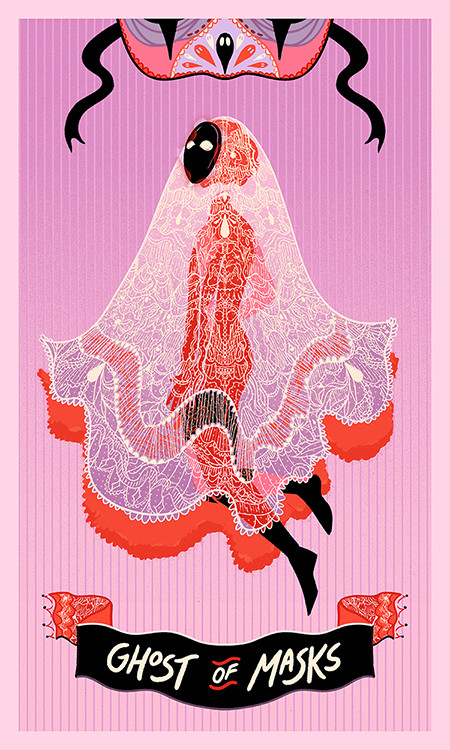 a tarot card-style illustration done in mostly light purple, bright red, black and white. a sheet ghost made of intricate lace floats in the center, with the person under it visible in silhouette. it wears a solid black mask. an image of a mask decorates the top, and lettering at the bottom reads "ghost of masks".