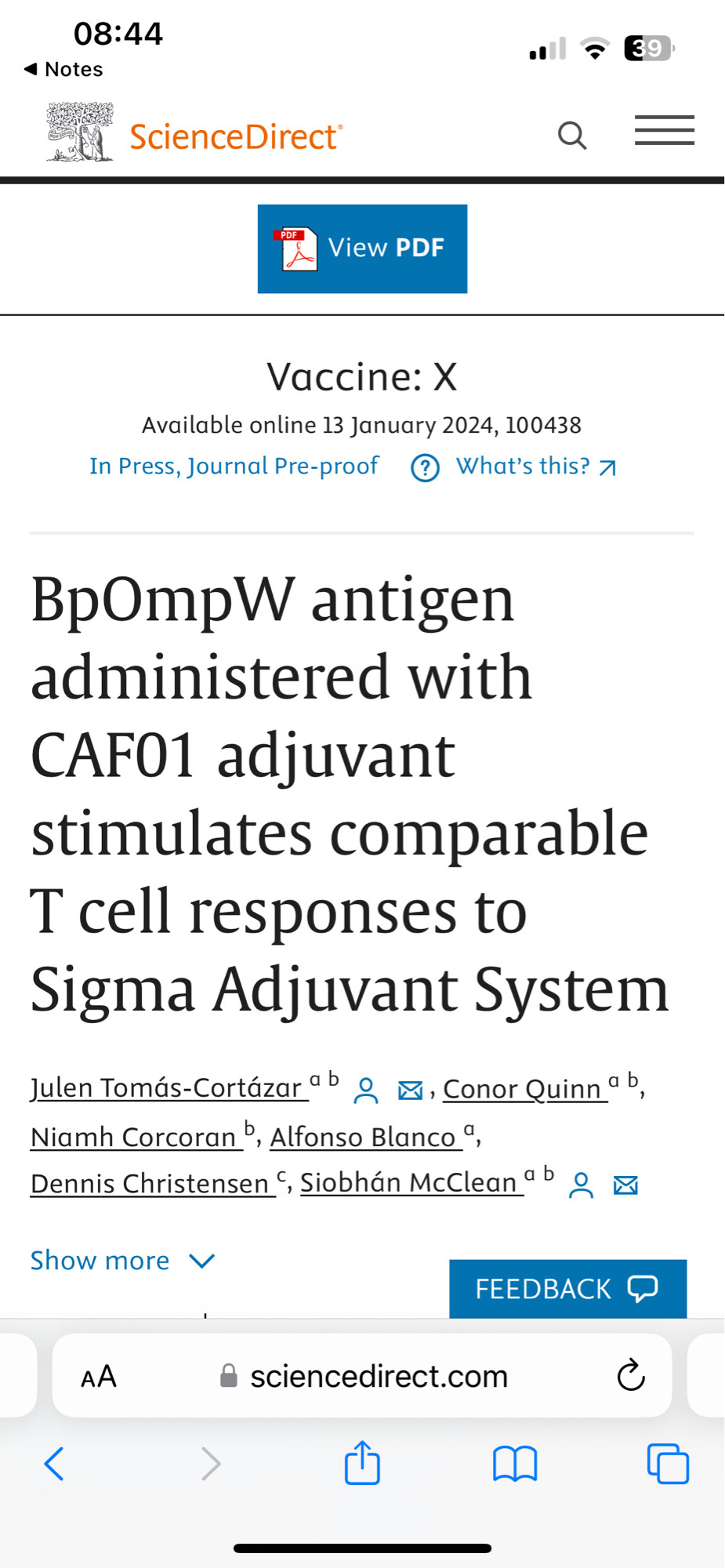 Vaccine X paper title, which reads : BpOmpW antigen administered with CAF01 stimulates. Comparable T Cell responses to sigma adjuvant system. First author Julen Tomas Cortazar