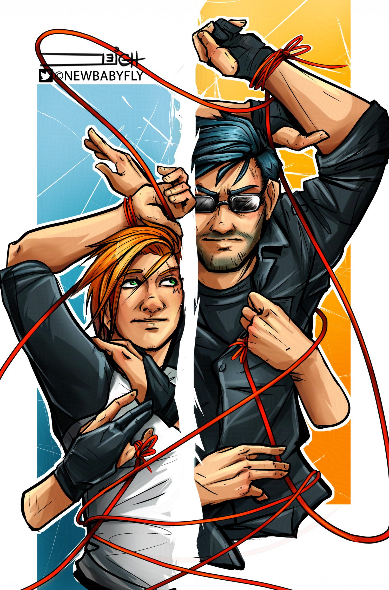 Digital art of two men split down the center to show one half of each of them. Both have arms listen overhead and tied together with red string across the whole image