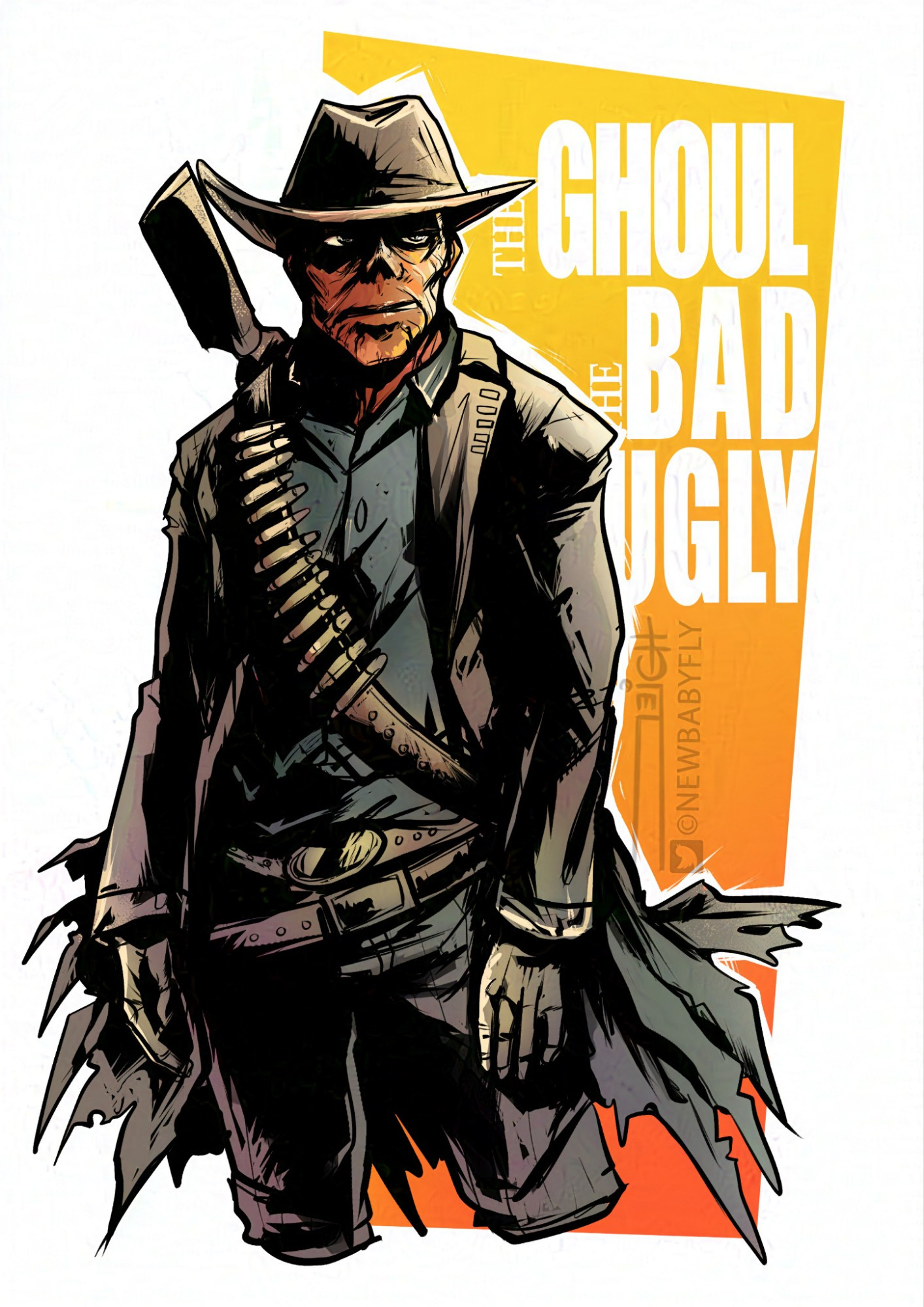 Digital art of the Ghoul from the Fallout TV show, in homage to the Clint Eastwood movie poster the Good (Ghoul) the Bad and the Ugly