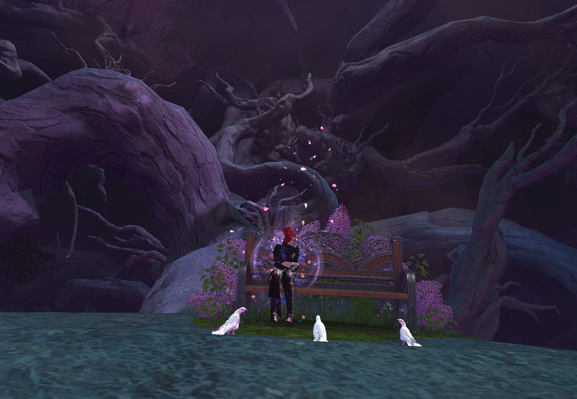 A screenshot from the game guild wars 2 showing the redheaded trans woman Thief Lucinellia Lyndra sitting on a lovely bench, peacefully feeding some white birds in a dark and dreary landscape. It is a demonic realm, one that is murky and where the colour has been sapped from everything. The bench is on a pastel purple rock. In the background is a gnarly, twisting and haunted tree of a similar colour. The sky is a deep, dark purple.