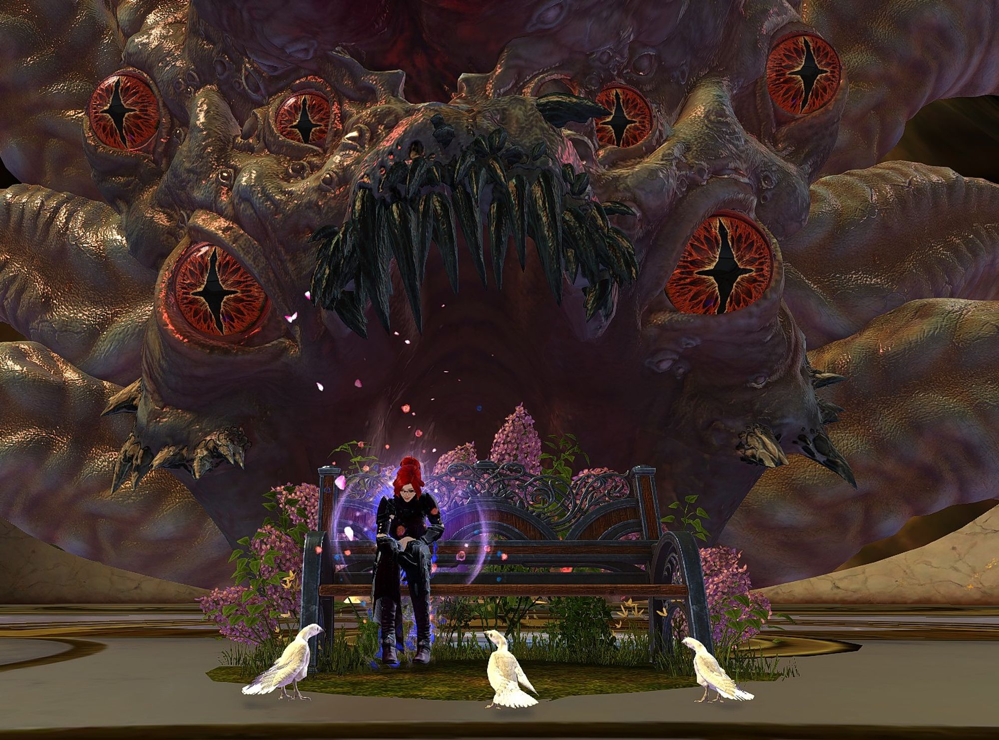 A screenshot from the game guild wars 2 showing the redheaded trans woman Thief Lucinellia Lyndra sitting on a lovely bench, peacefully feeding some white birds as a massive eldritch abomination of eyes, teeth and tentacles looms in the background