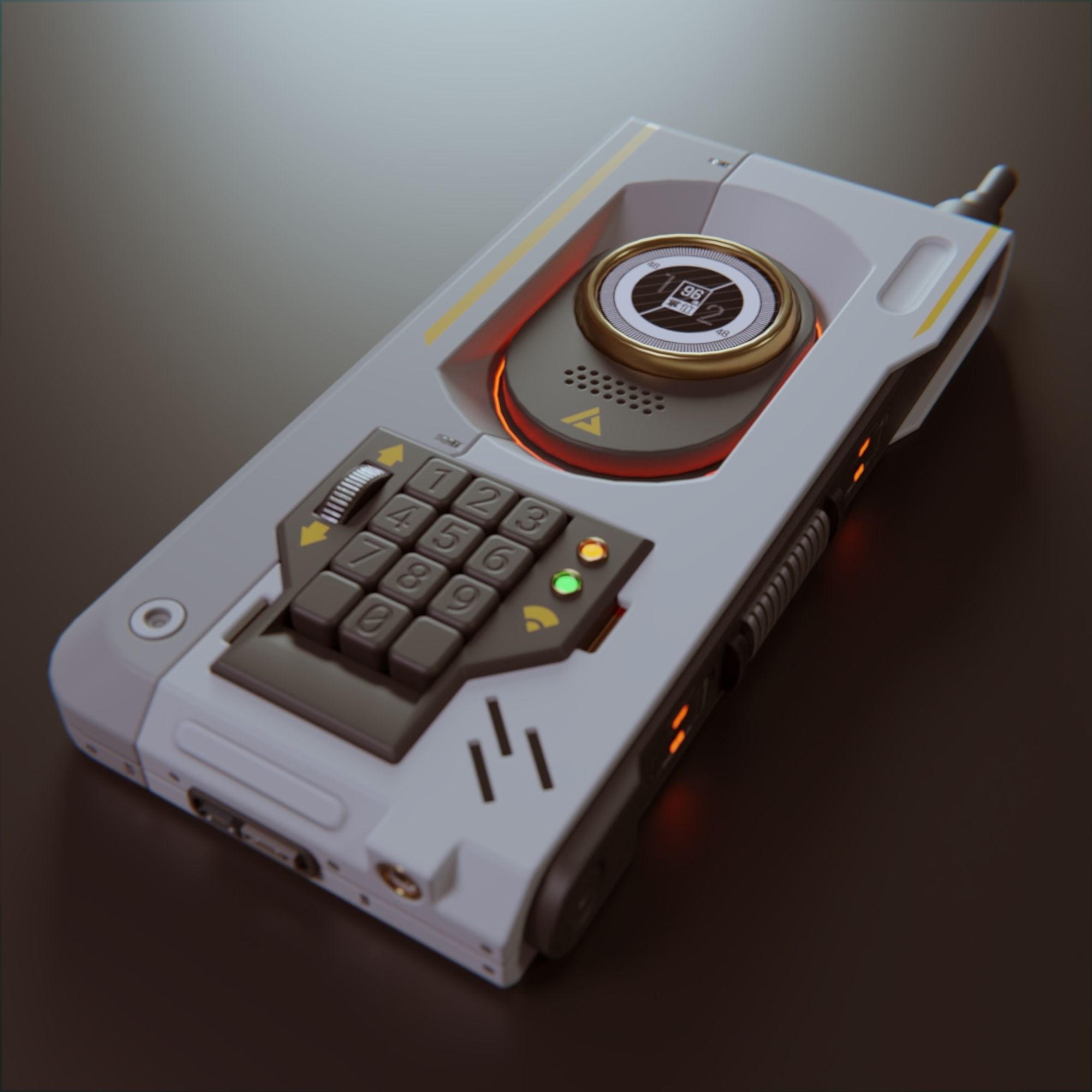 3D render of an abstract electronic device, resembling some sort of communicator. It’s made out of white and gray plastic panels, has a numpad with couple dot lamps beside it and a bunch of other smaller details. The texture for the circular screen is borrowed from Knights of Sidonia GUI design sheet made by 3flab.