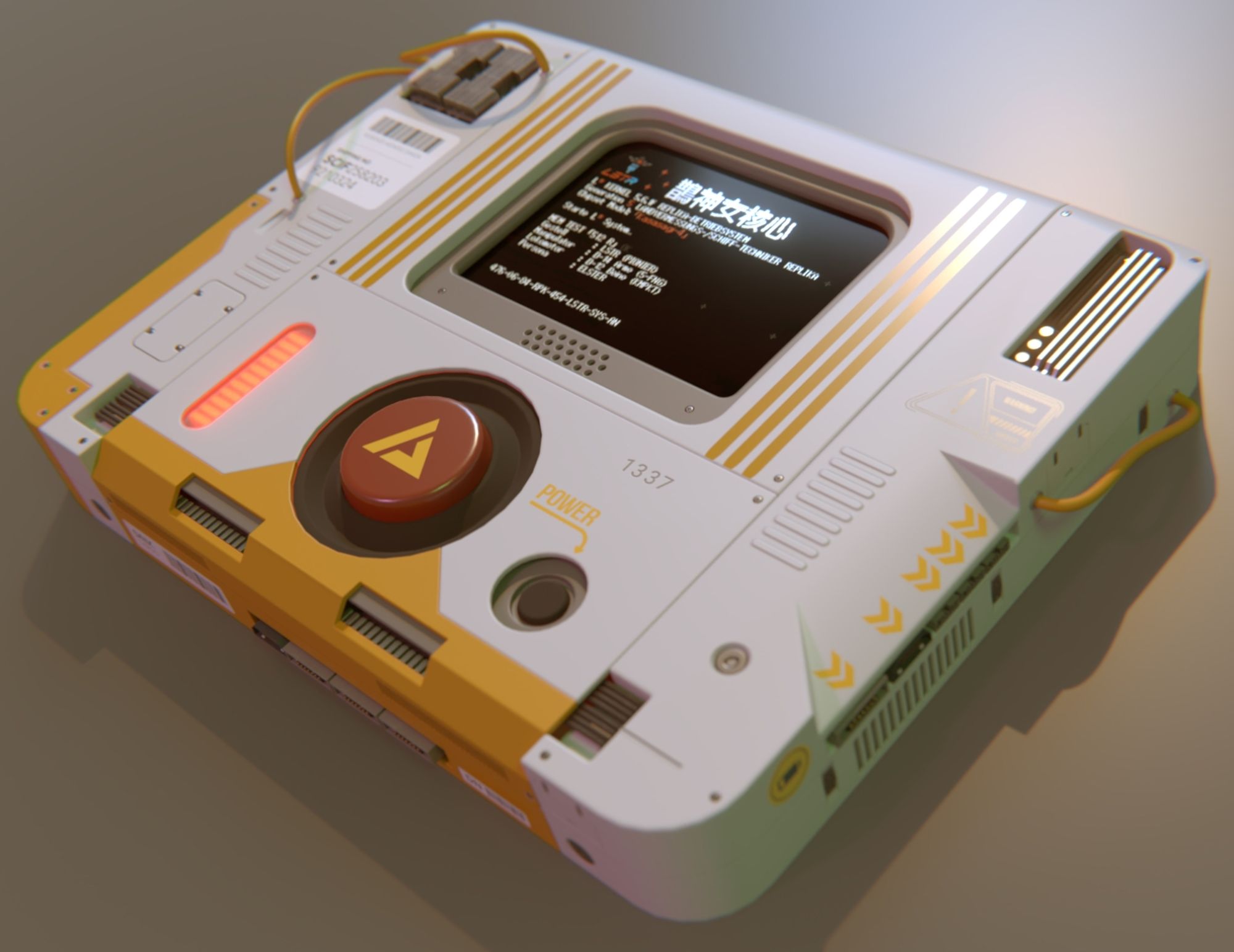 3D render of an abstract electronic device, resembling Playstation One in outline shape, but filled with all sorts of buttons, sockets, cables, bumps, bells and whistles. And a screen at the top, of course, why would there be no screen (the screen texture is borrowed from the amazing videogame Signalis)