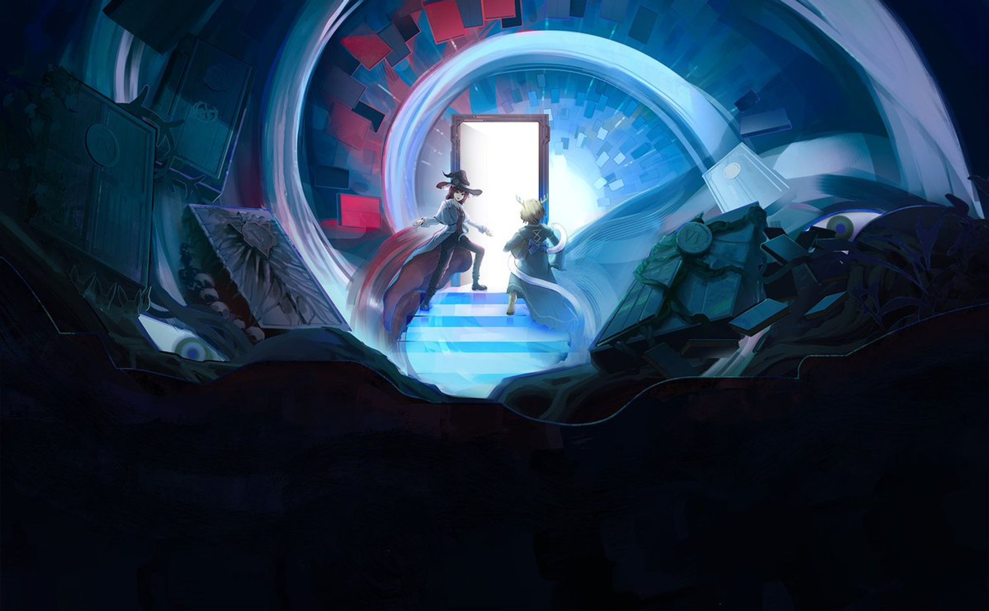 An image of two mages ascending towards a doorframe, surrounded by a swirling pattern in blue with red highlights. Rubble lays behind them, with large eye peeking through the cracks.