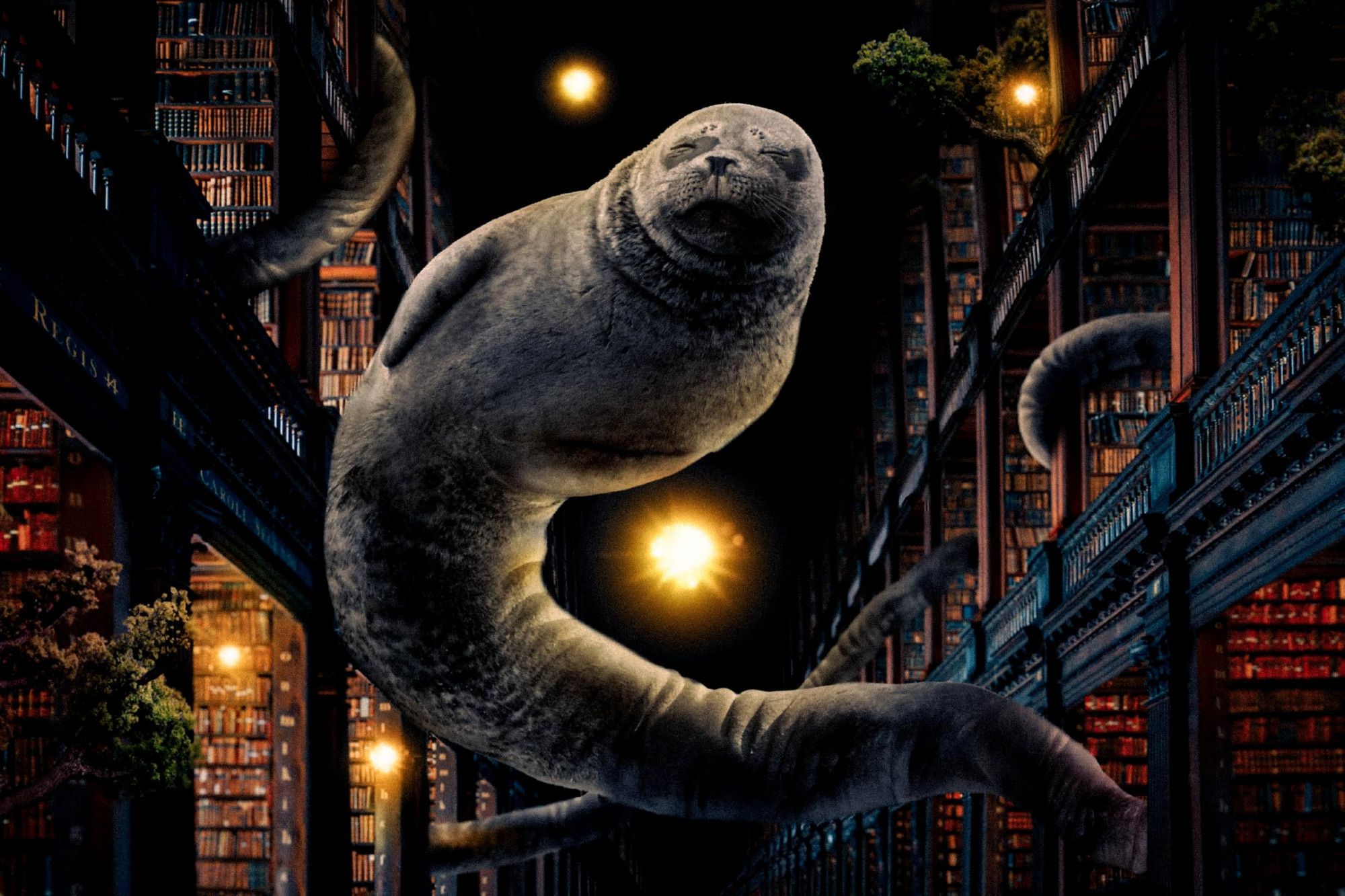 A massive, hovering seal, smiling contentedly in a large, endless library. Spheres of light hover around it. Its tail travels through the library's shelves, as though intertwined in the building itself.