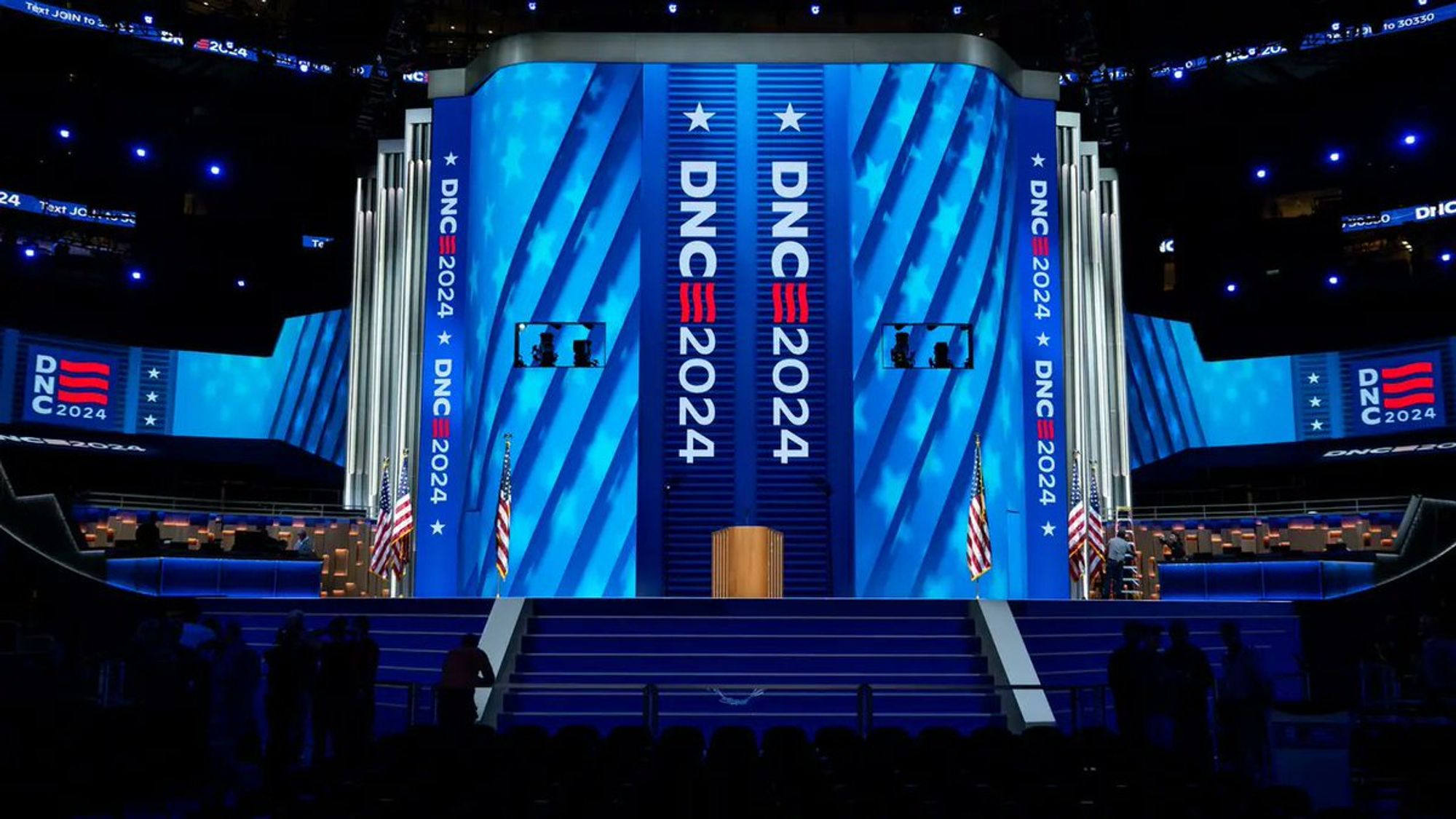 Photograph of the (empty) Democratic National Convention stage.