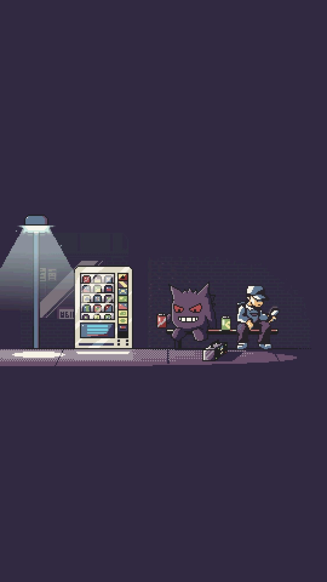 Gengar chillin in the night on a bench with a home next to a vending machine. It's supposed to move but idk if bluesky has the capabilities yet.