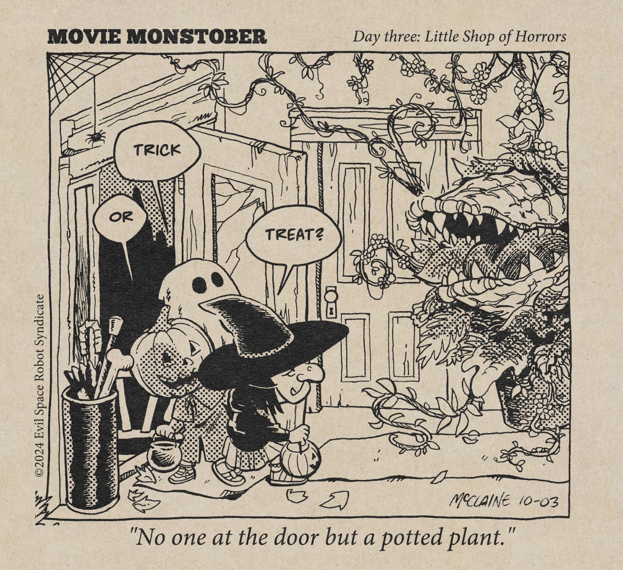 The three trick-or-treaters step inside the haunted house and find Audrey II from Little Shop of Horrors inside. I kind of made this look like a single-panel cartoon from an old newspaper.