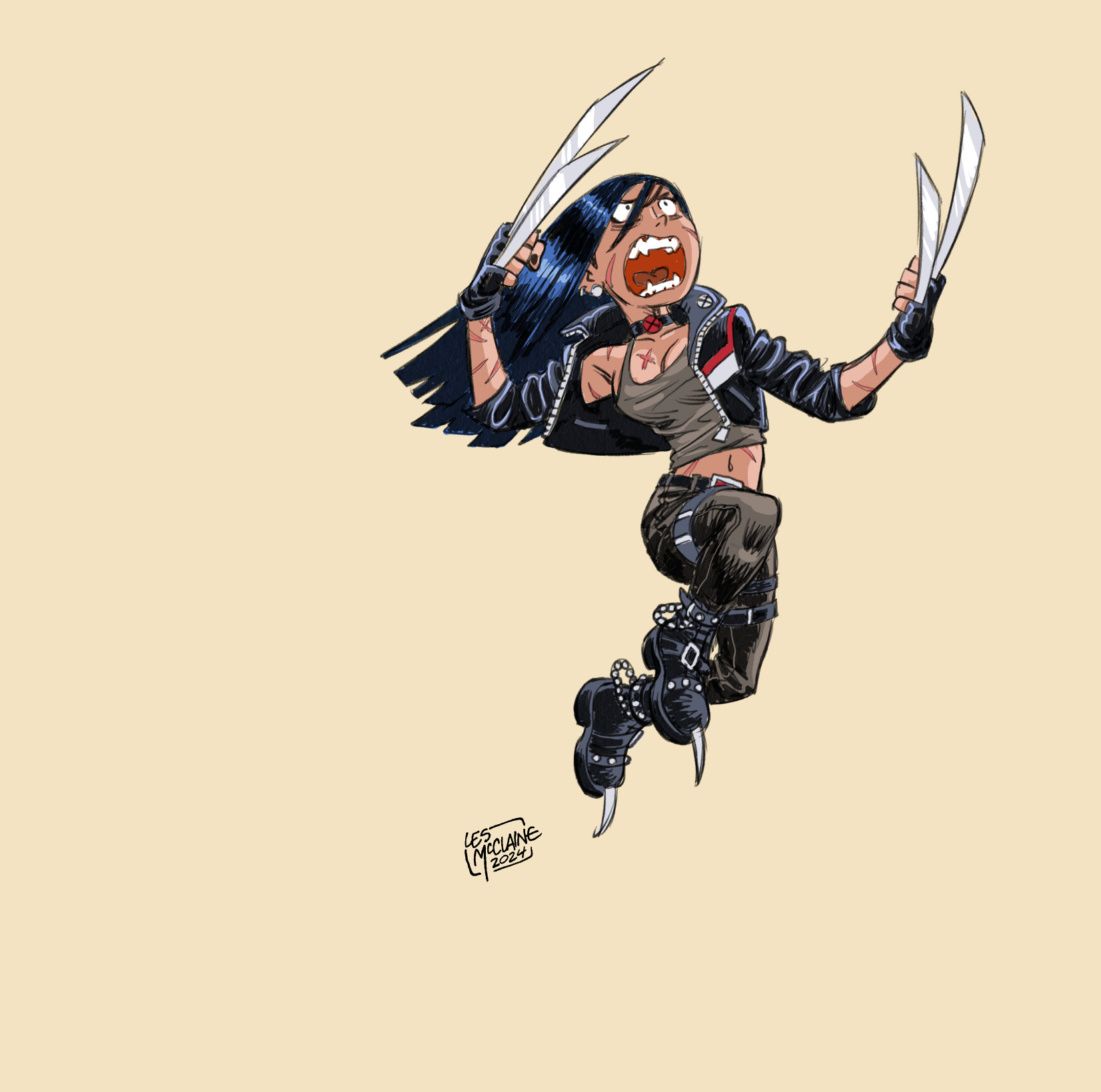 It's X-23, from the X-Men! She's jumping into the air. Kinda looks like she's going apeshit on a flying villain or something