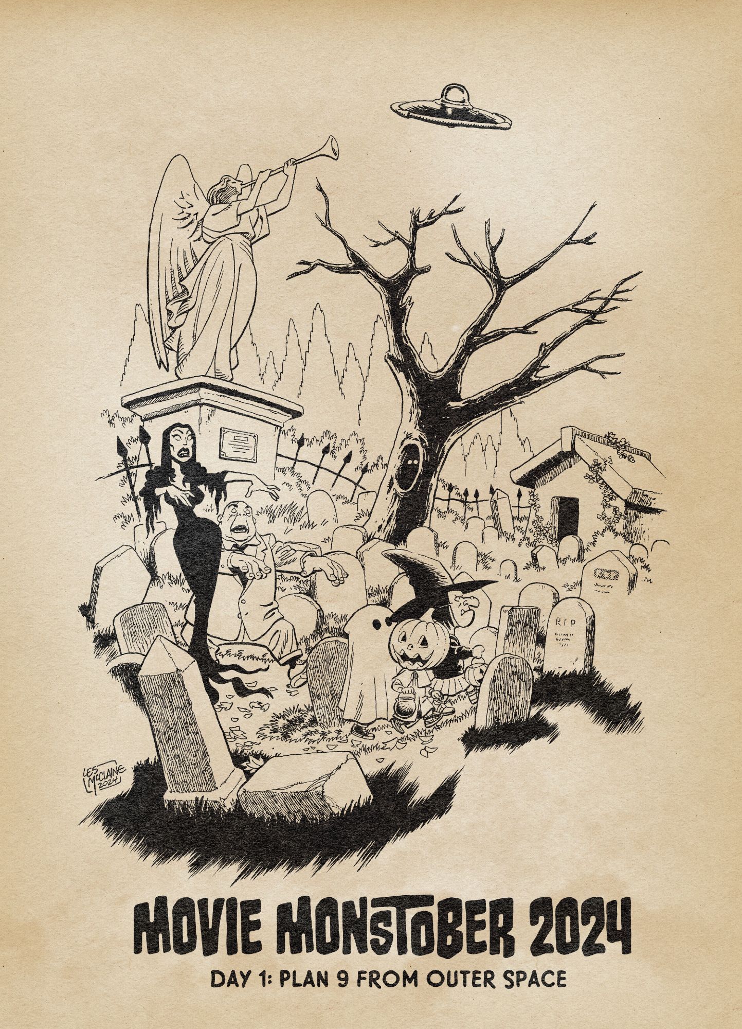 Three trick-or-treaters, dressed like a witch, the Great Pumpkin, and a ghost, walk up a narrow path through a graveyard. Vampira and Tor Johnson lurk menacingly behind them as a UFO hovers above.