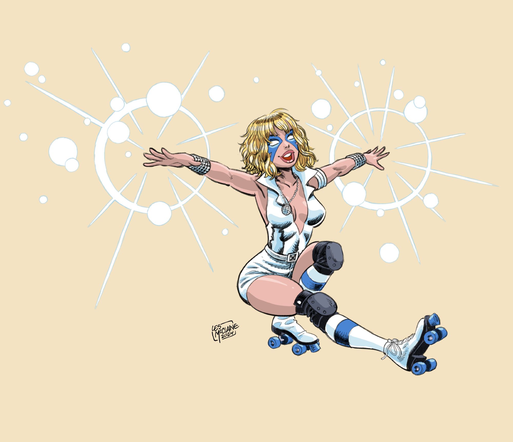 It's Dazzler, from the X-Men! She's wearing her disco top but she's got shorts and roller skates on. She's doing a trick called "Shooting the Duck" but she's also making lights with her powers. She looks pretty jazzed about the whole thing.