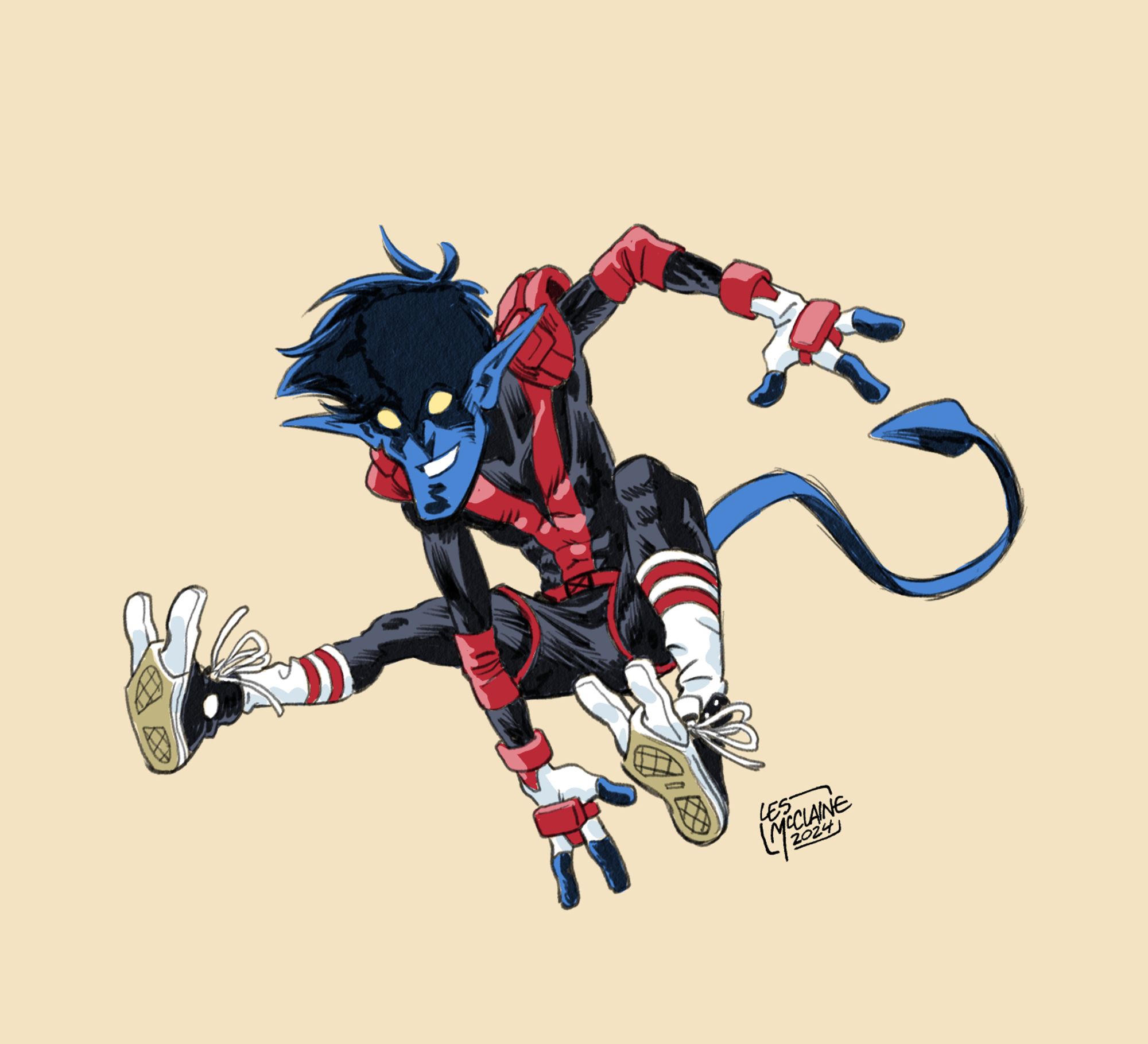 It's Nightcrawler, from the X-Men! He's got on basketball shorts over his skintight costume and has sneakers with holes for his toes cut out. He looks pretty happy jumping through the air!