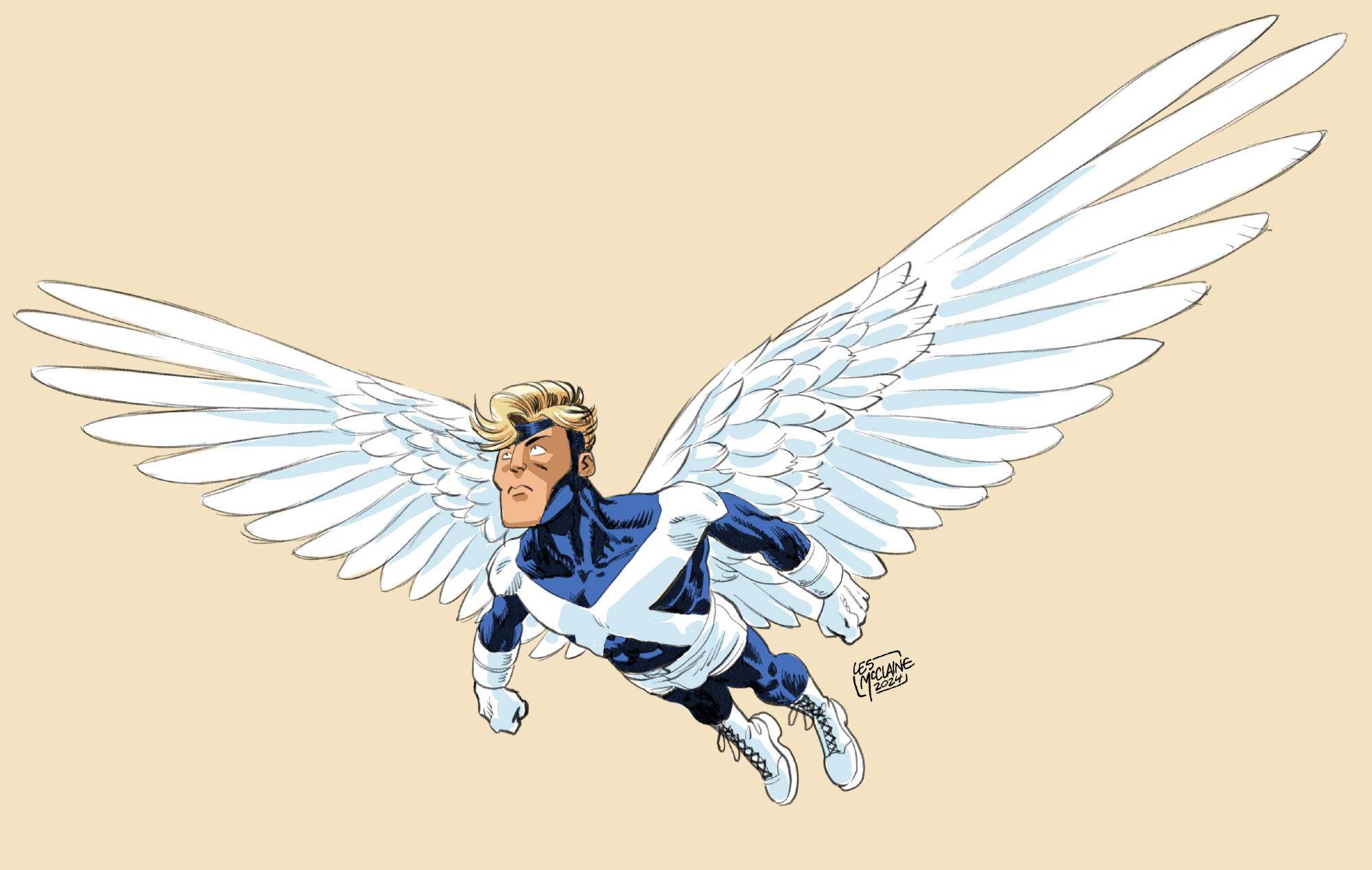 It's Angel, from the X-Men! It's hard to pin down an iconic costume for him, so I went with the one I liked the most and made my own changes. He's got a blue suit with a white X across the chest and little white shorts.