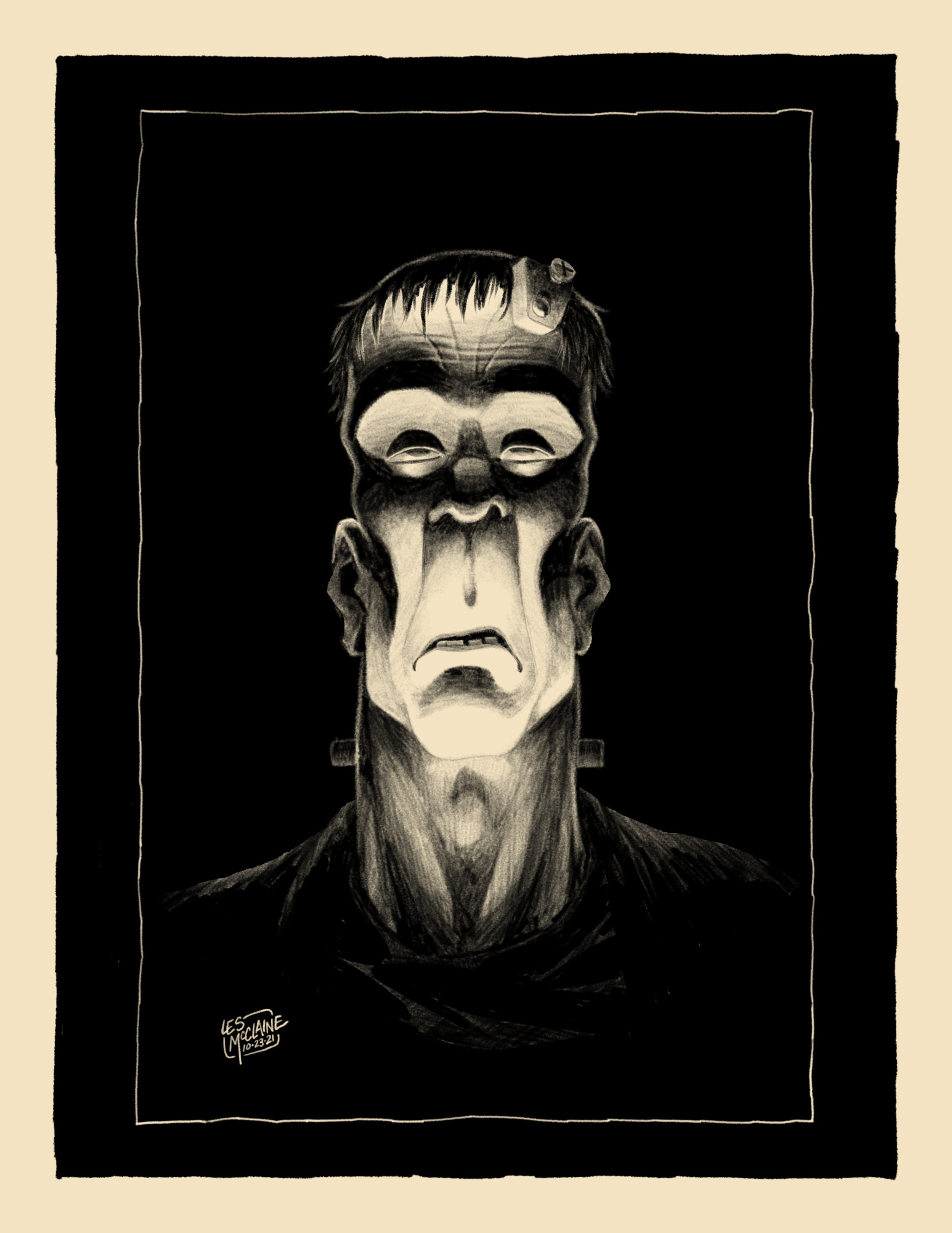 a conte crayon-style drawing of Frankenstein's monster