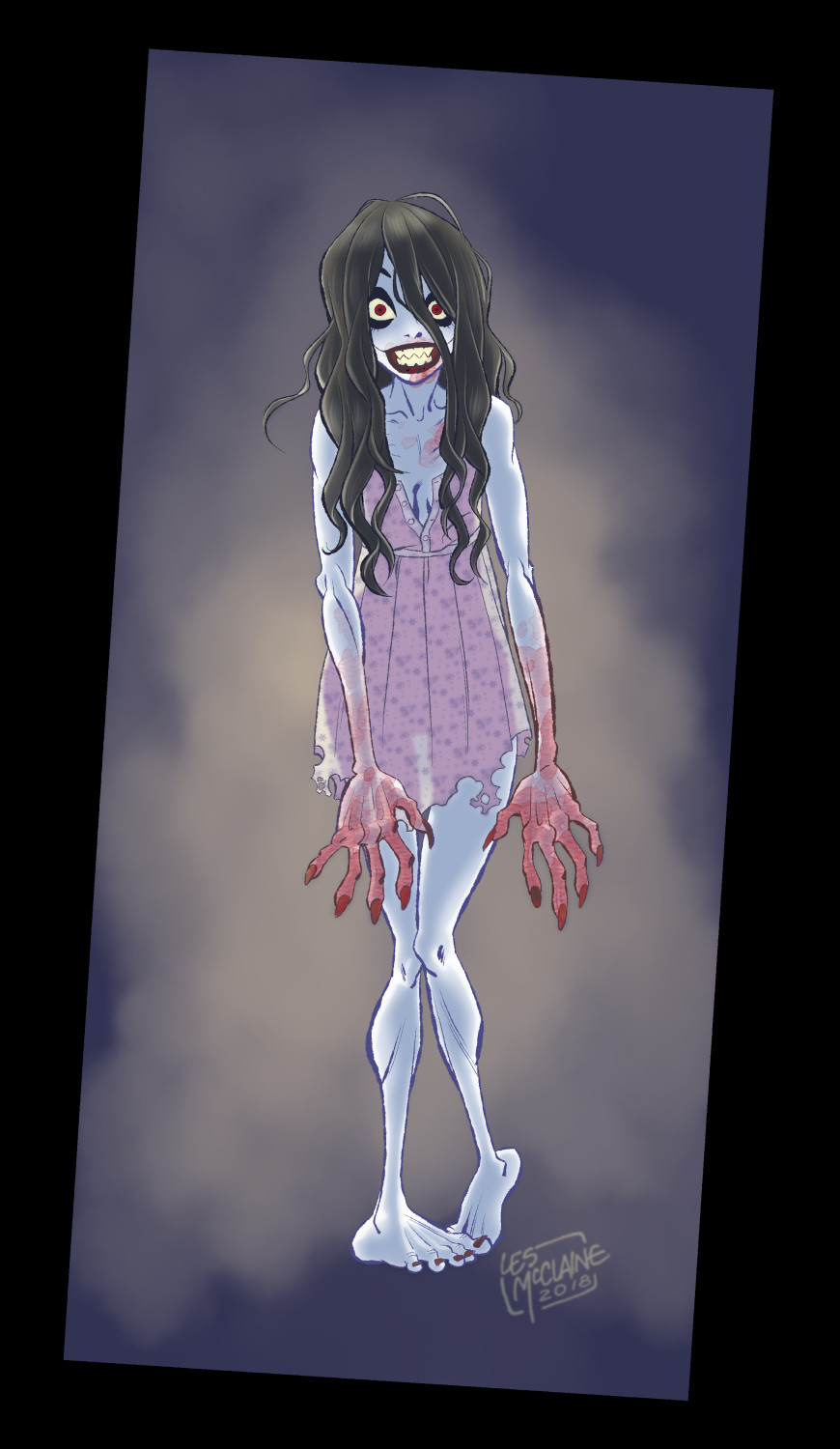 A drawing of a creepy ghost girl with a too-wide grin and oversized, blood-stained hands