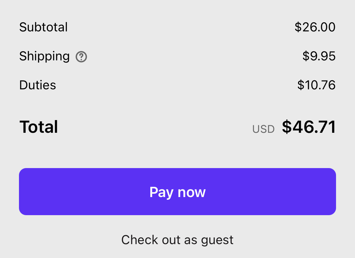 A $26 USD item with $9.95 shipping and $10.76 in tariffs.