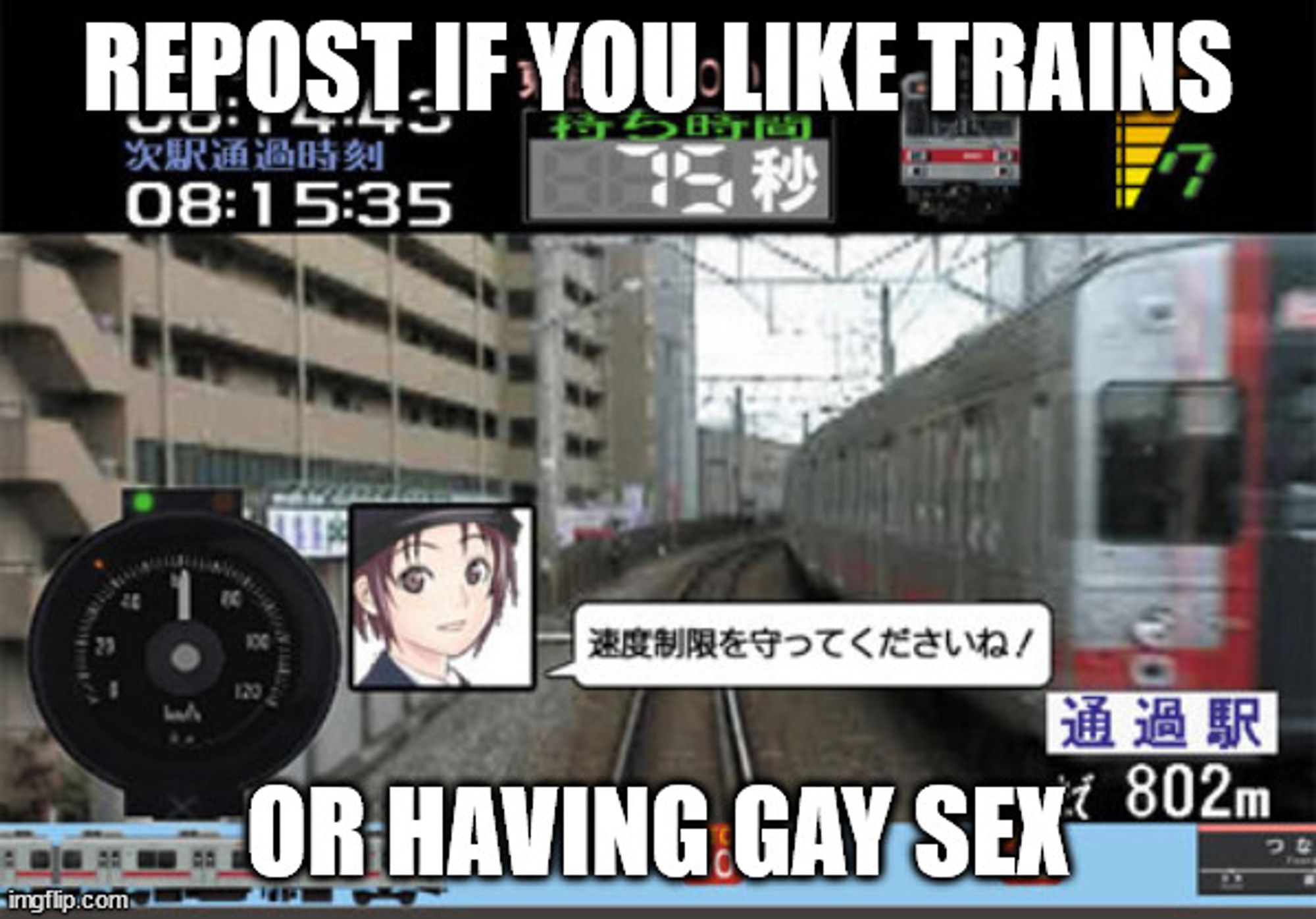 A screenshot of Densha de GO on Playstation 2 with the text "repost if you like trains or having gay sex"