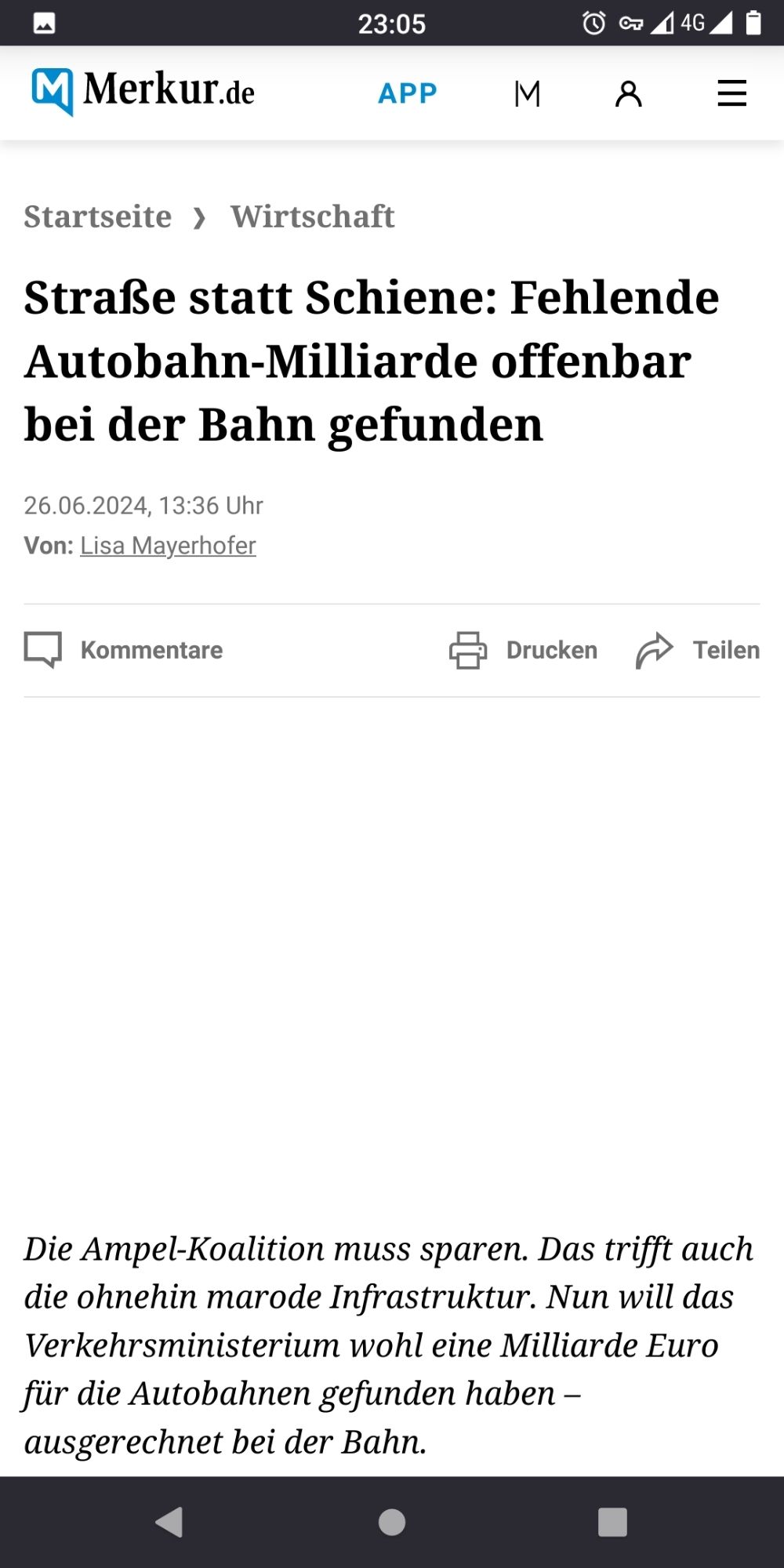 Screenshot eines Artikels auf Merkur.de. Schlagzeile lautet: Straße statt Schiene: Fehlende Autobahn-Milliarde offenbar bei der Bahn gefunden.