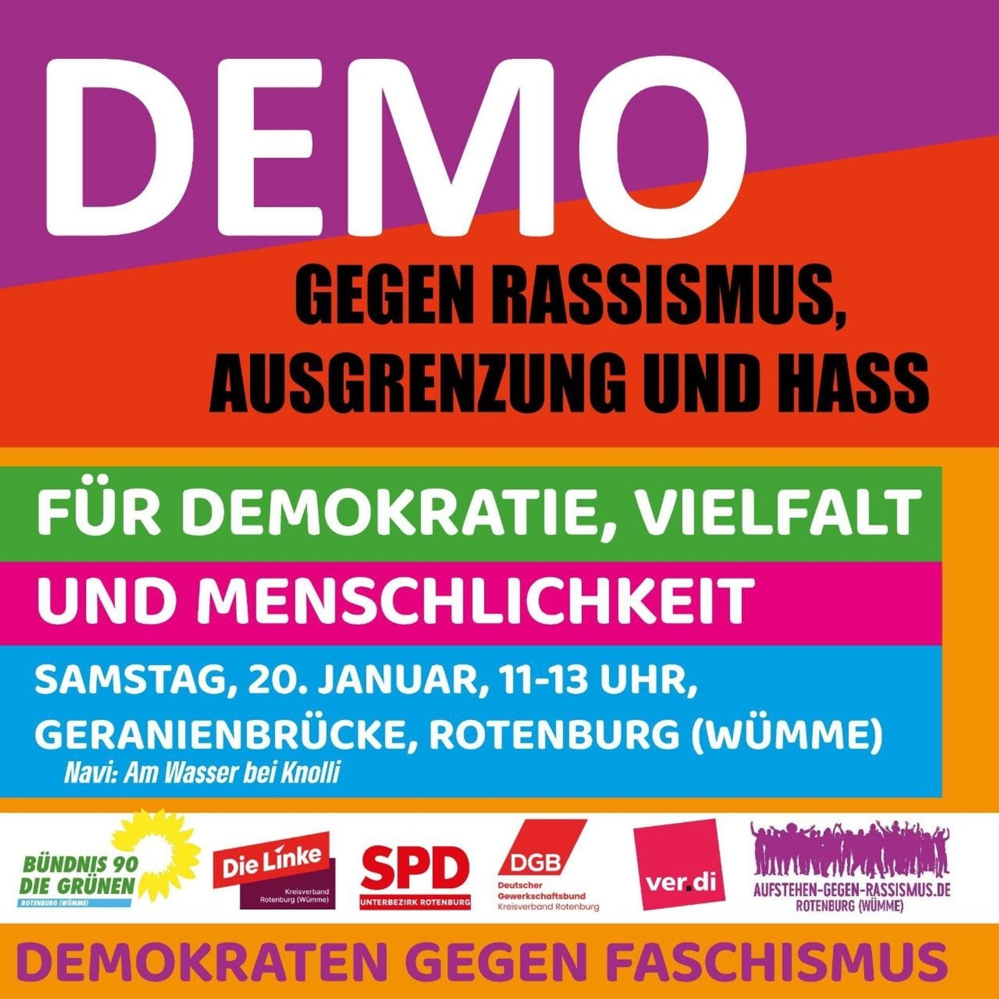 Aufruf für die Demonstration gegen Rassismus, Ausgrenzung und Hass am 20.01.2024 von 11 bis 13 Uhr in Rotenburg an der Wümme.