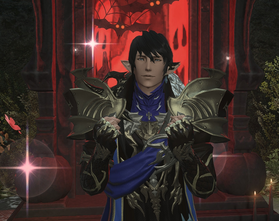 Screenshot from Final Fantasy XIV of the character Aymeric de Borel smiling with sparkles