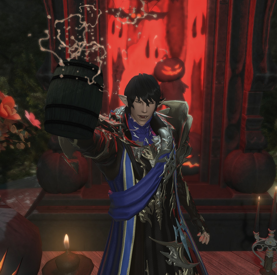 Screenshot from Final Fantasy XIV of the character Aymeric de Borel toasting with a mug.