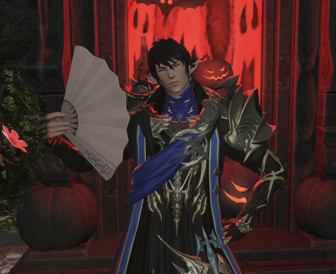 Screenshot from Final Fantasy XIV of the character Aymeric de Borel posing with a foldable fan in his hand