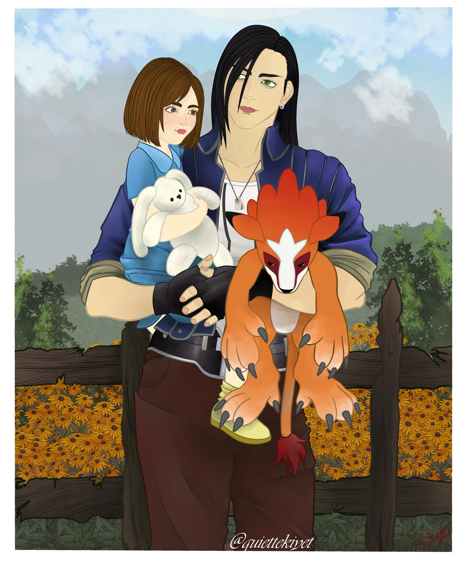 Laguna Loire from Final Fantasy 8 holding his adoptive daughter Ellone in his arms. From the viewer's perspective, Ellone is on his left arm while Laguna also holds a plush toy in form of a moomba in his right arm. Ellone is holding a small, white bunny that the player can see in Raine's house. Behind Laguna and Ellone, you can see an old wooden fence with yellow flowers behind it. In the far back, high mountains, clouds and the moon. 