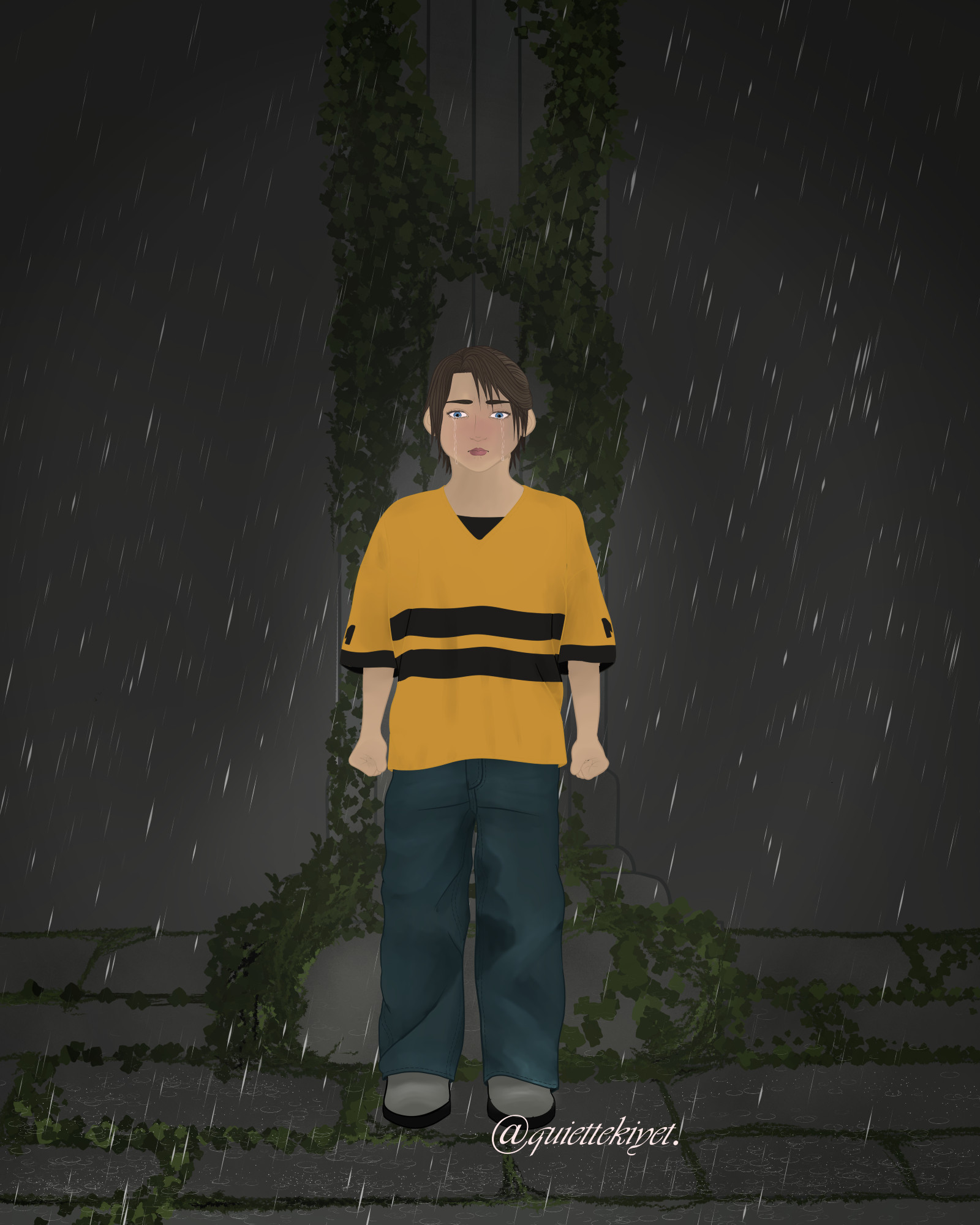 The image depicts a fan drawing of Squall Leonhart from Final Fantasy VIII as a child. He is dressed in dark-green/dark-blue trousers and a yellow shirt with black stripes and grey boots. Squall is standing in front of a greek column overgrown with ivy and moss, that is suposed to be at Edea's orphanage. 