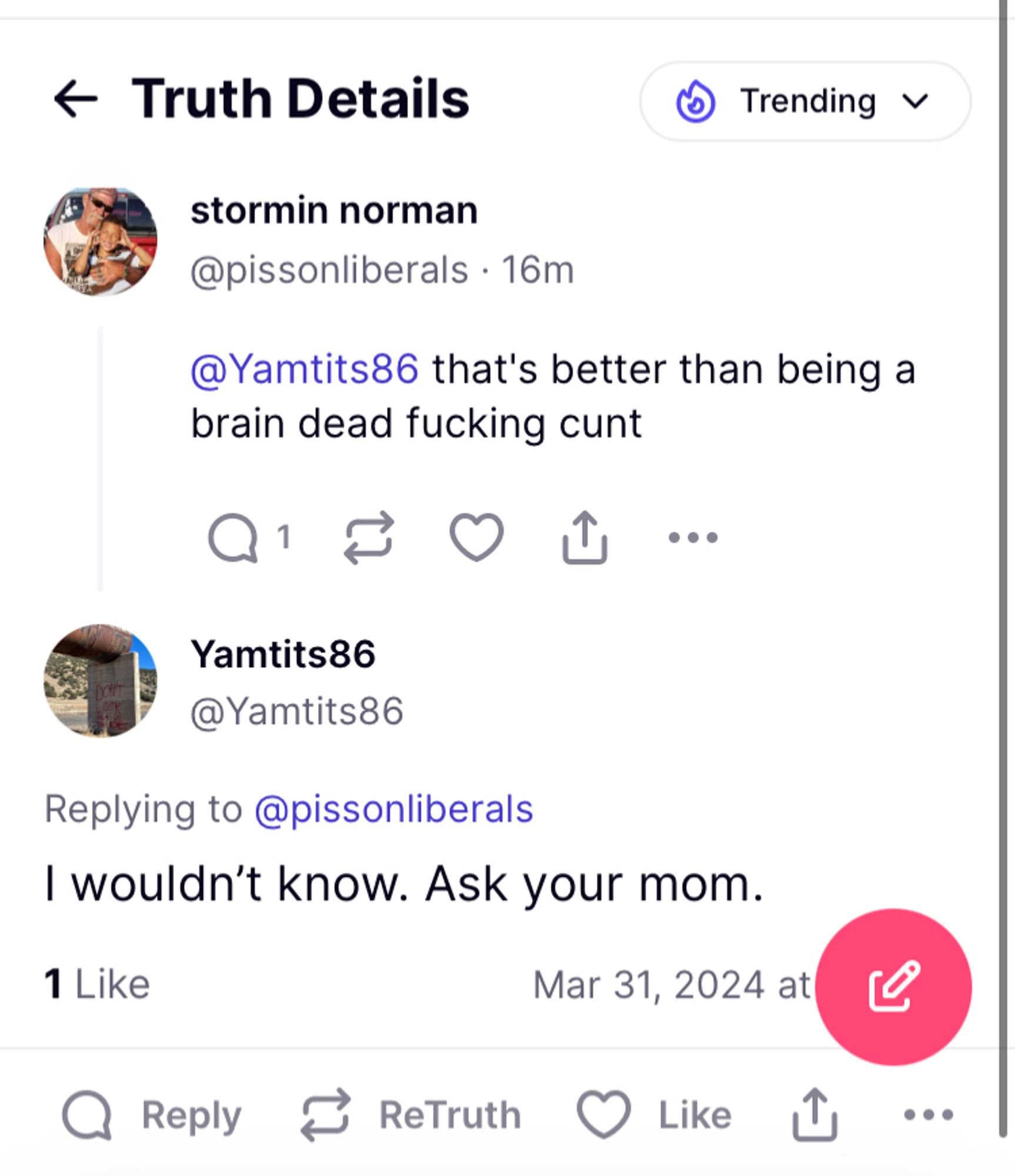 A TS post saying “I wouldn’t now. Ask your mom.” In response to a jerk who said I was brain dead.