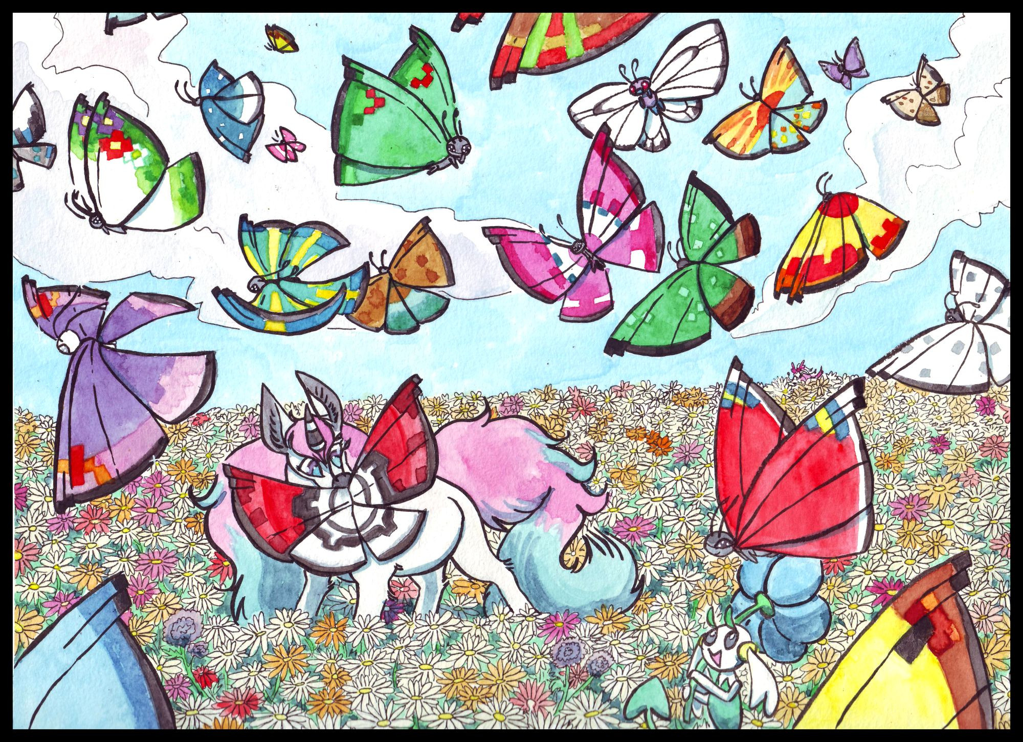 A watercolor painting of (almost) every pattern of Vivillon crossing over a daisy field. There's a Floette looking on, and a Vivillon on a Ponyta's nose.