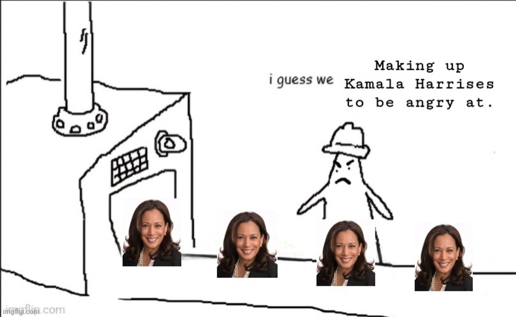 A variant on the Triangle Factory meme, a black and white drawing of a humanoid standing in front of an assembly line that comes from the output hatch of a machine. The humanoid has been modified to look angry (normally it is faceless). On this assembly line are headshots of a smiling Kamala Harris. The text reads: "i guess we Making up Kamala Harrises to be angry at."