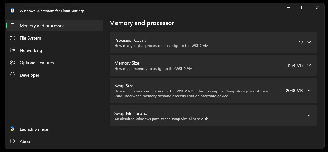 A settings dialog. On the left are categories memory and processor, file system, networking, optional features, developer, launch wsl.exe, and about. Each category has a number of detailed settings.