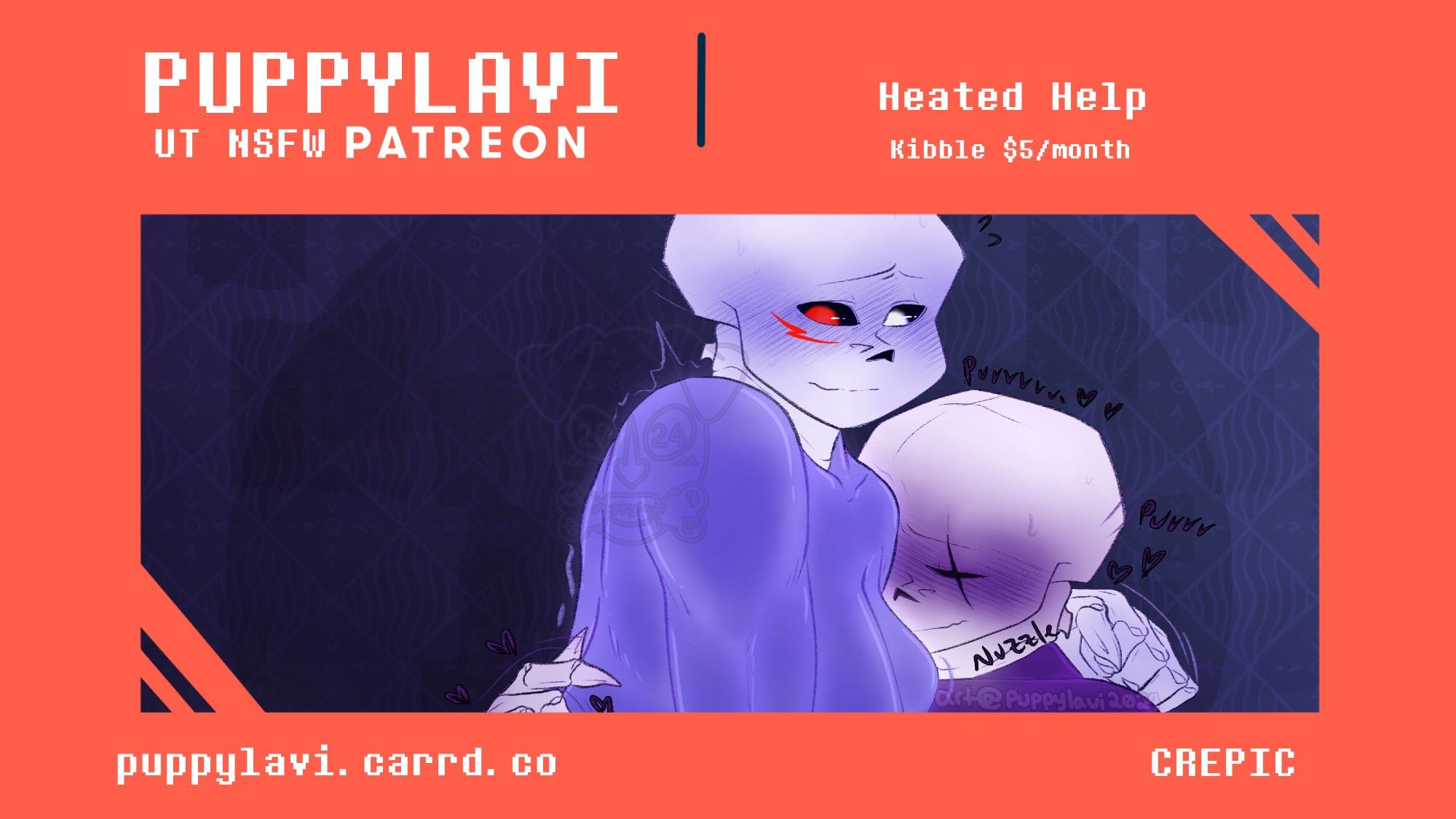 PUPPYLAVI
UT NSFW PATREON

"Heated Help"
Kibble $5/month

Pairings: CREPIC