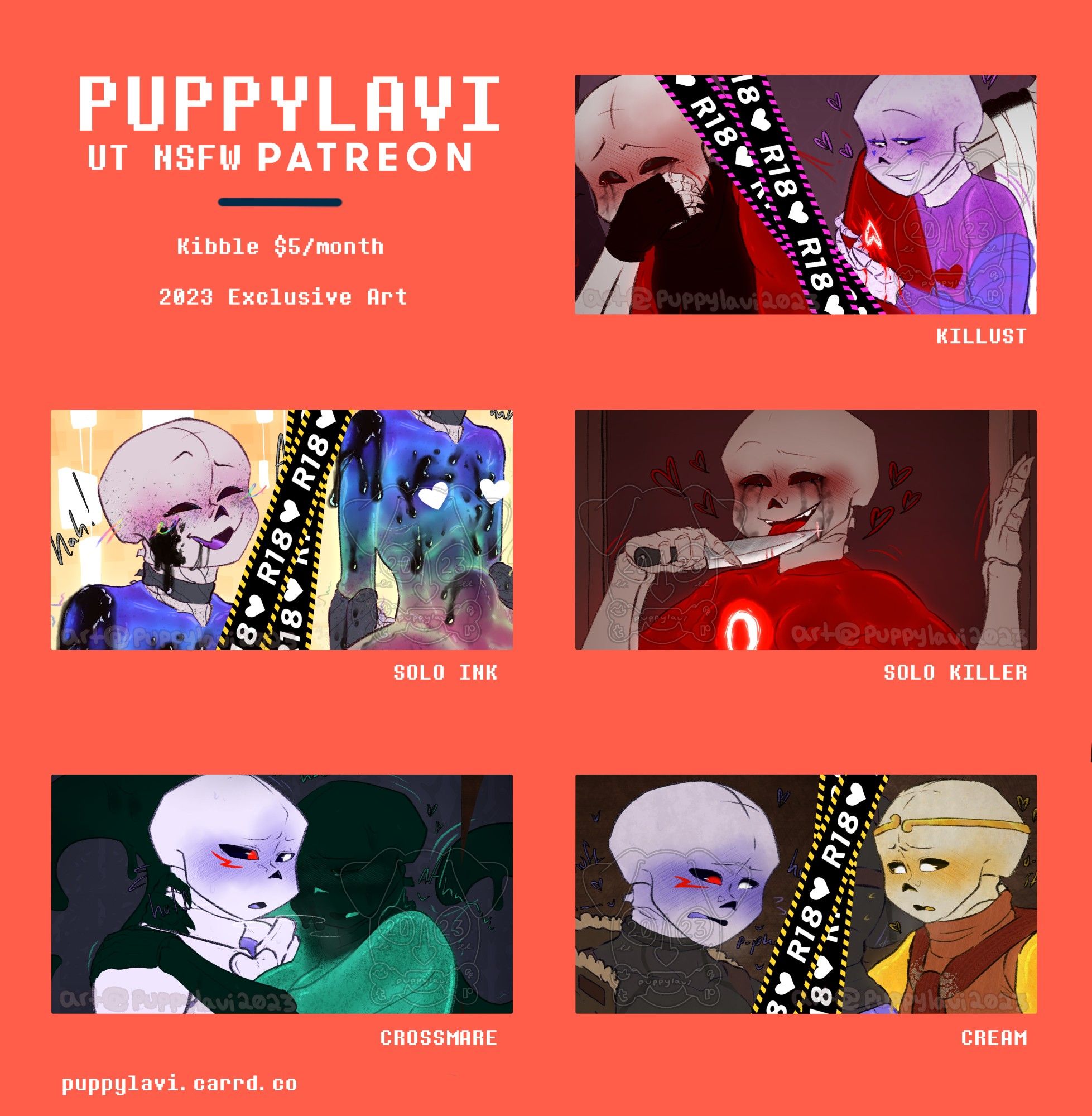 PUPPYLAVI
UT NSFW PATREON

Kibble $5/month

2023 Exclusive Art

Pairings: KILLUST | SOLO INK | SOLO KILLER | CROSSMARE | CREAM

#Killust #KillerLust #CrossMare #NightCross #Cream #CreamShip #CrossDream #DreamCross #Xunshine #Starcrossed