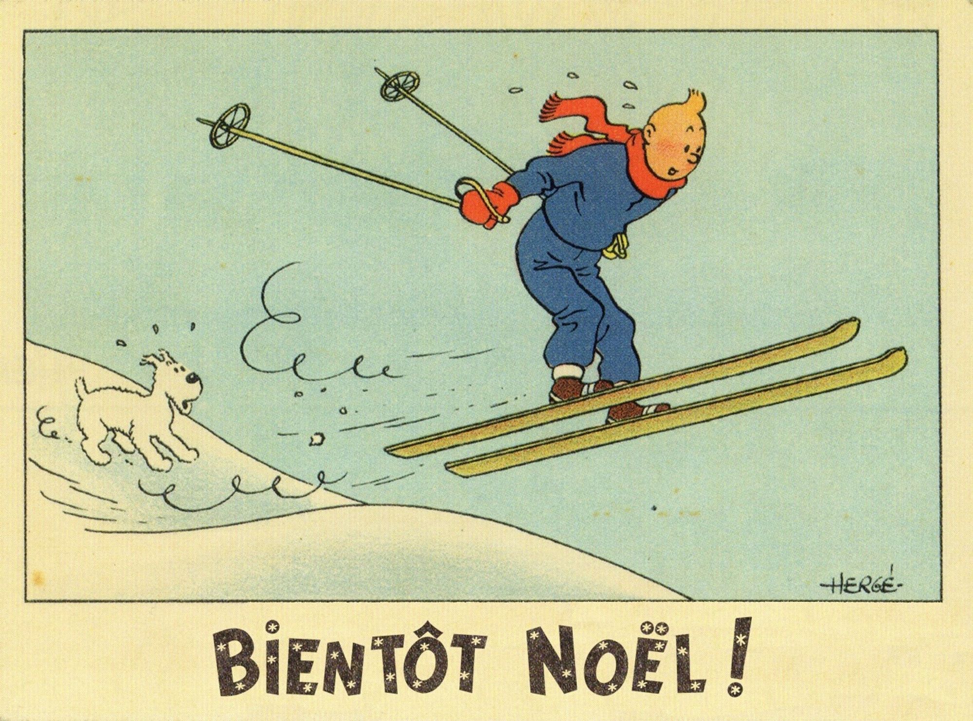 Tintin qui fait un saut à ski au-dessus d'une bosse devant Milou interloqué avec marqué : "Bientôt Noël !"