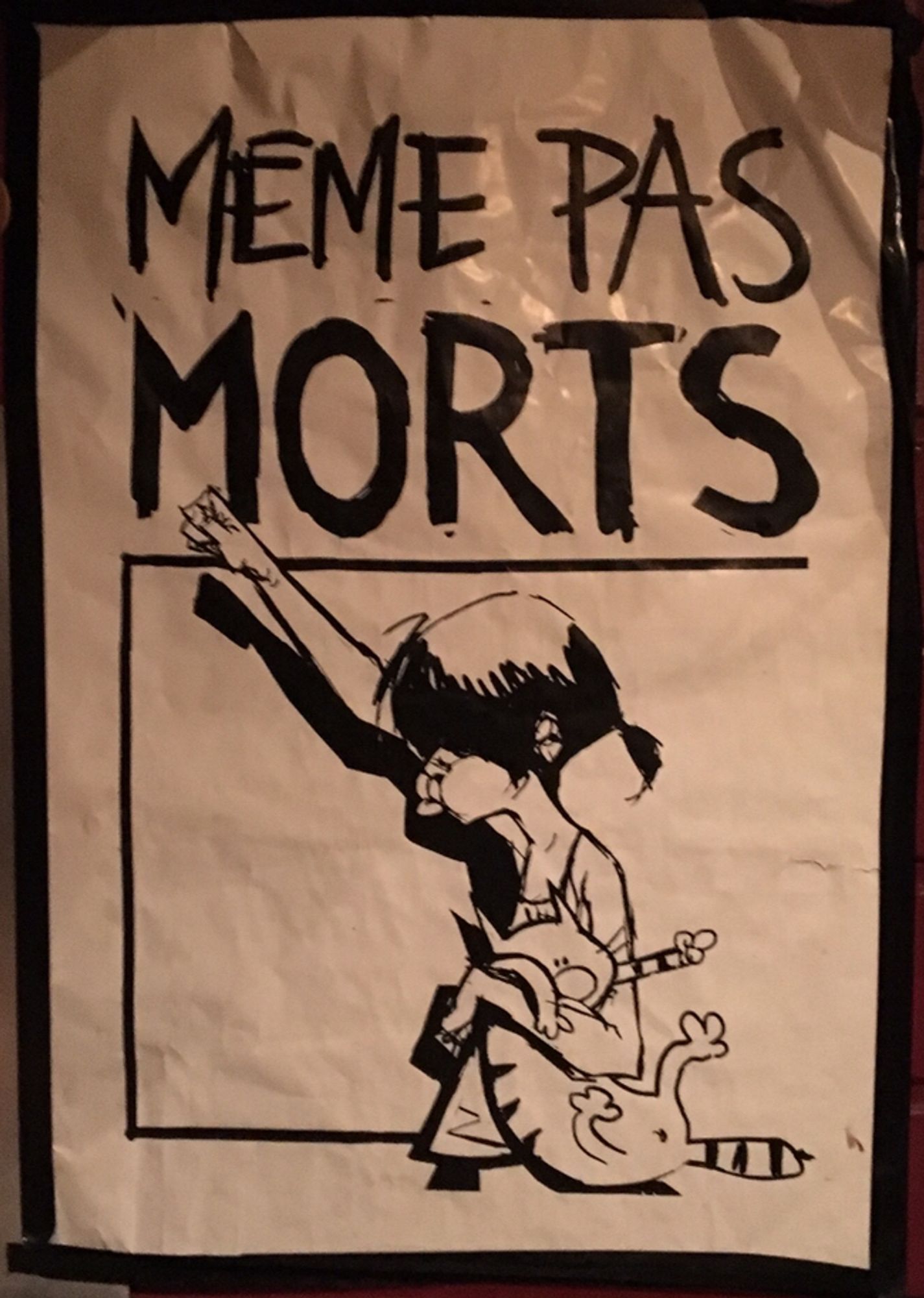 Une petite-fille lève le point en tenant son chat, avec écrit « Même pas morts ».
Affiche anonyme vue dans un bar à Nantes d’une dessinatrice anonyme en réaction aux attaques du 13 novembre.