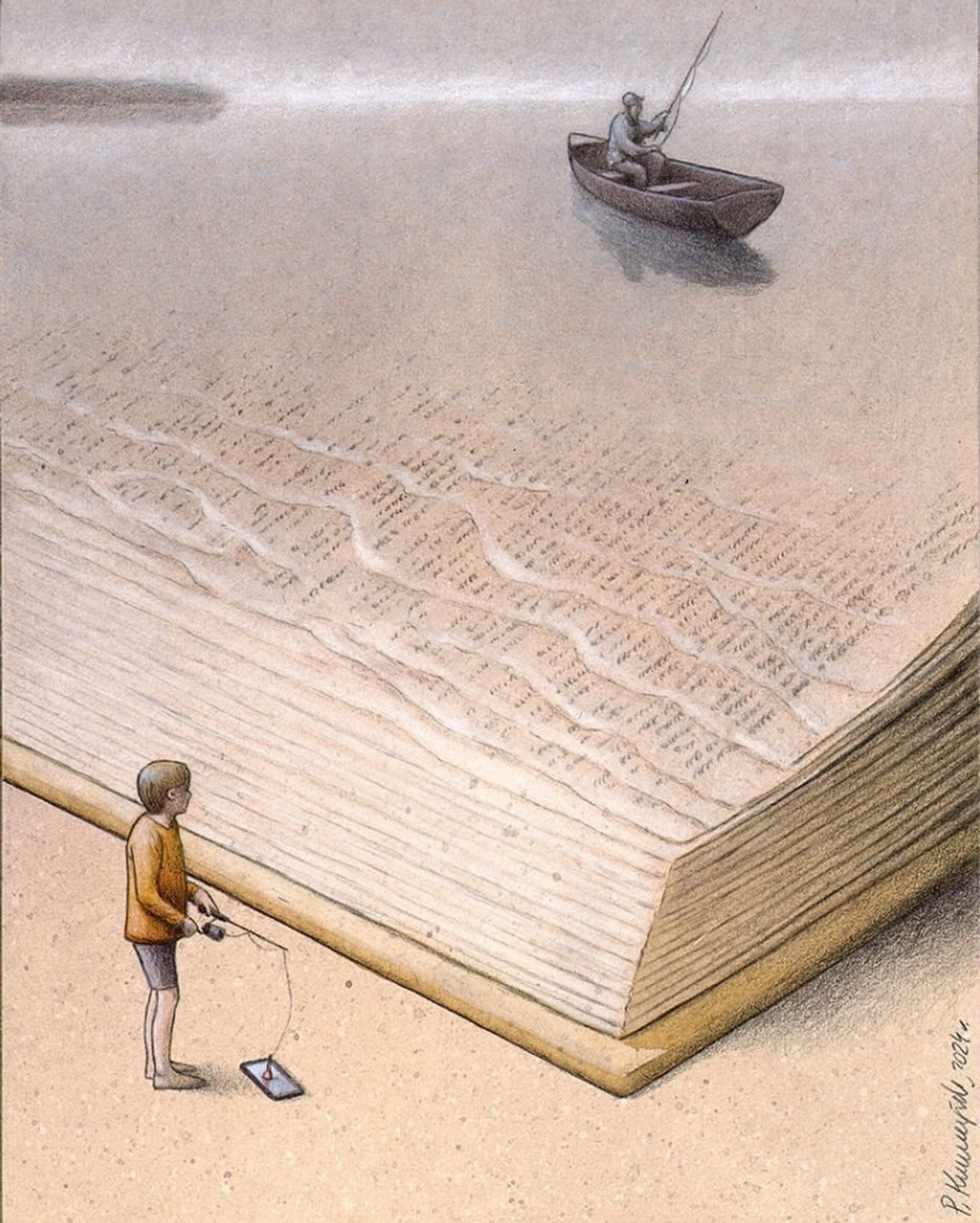 Dessin montrant un homme sur une barque pêchant sur un lac formé des pages d’un immense livre tandis qu’à côté, un adolescent a une petite canne à pêche sur le minuscule écran d’un smartphone 
Source @pawel_kuczynski1