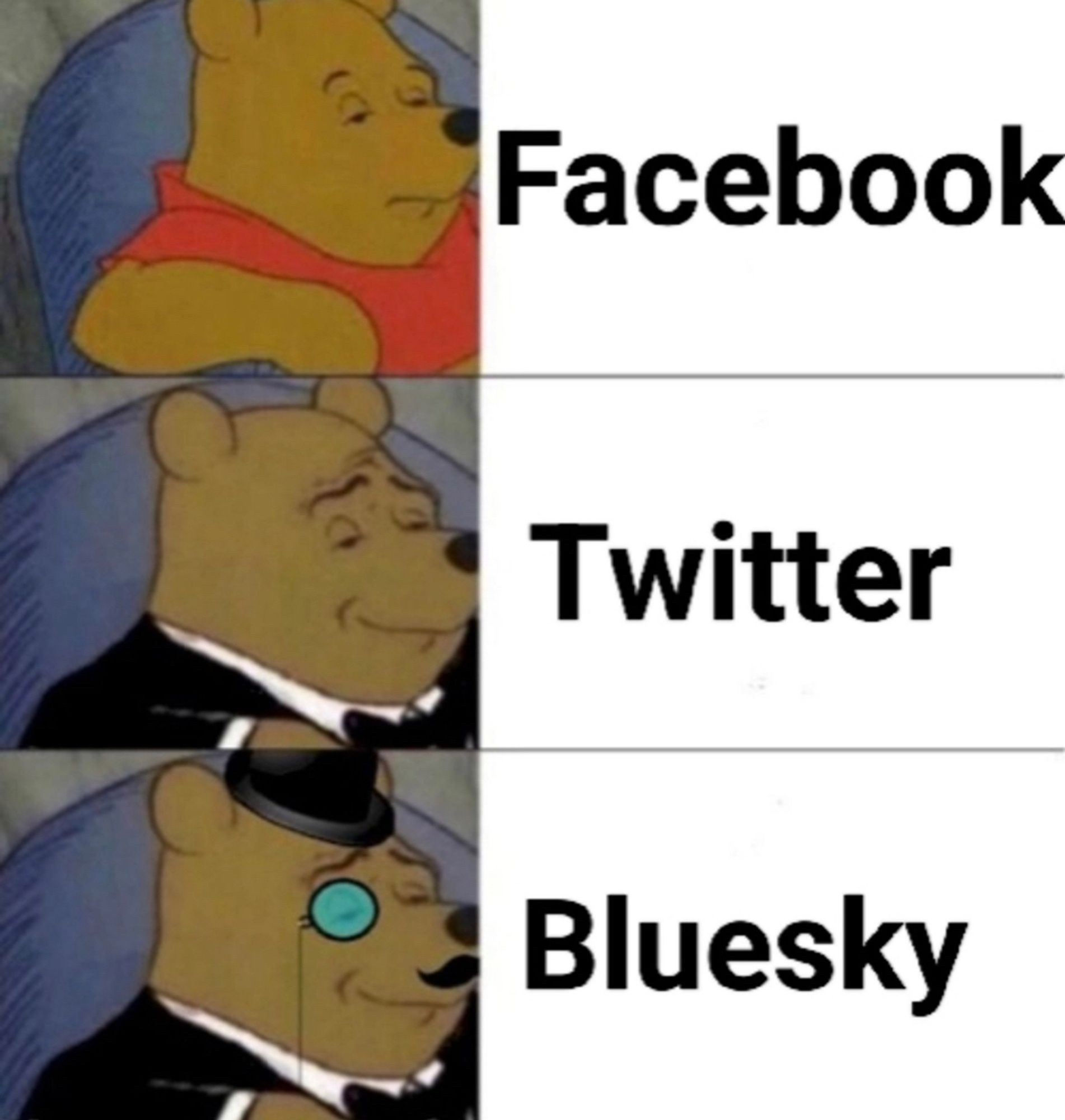 Winnie l’ourson en polo rouge pour Facebook, en costume pour Twitter et en costume, chapeau, monocle et moustache pour Bluesky.