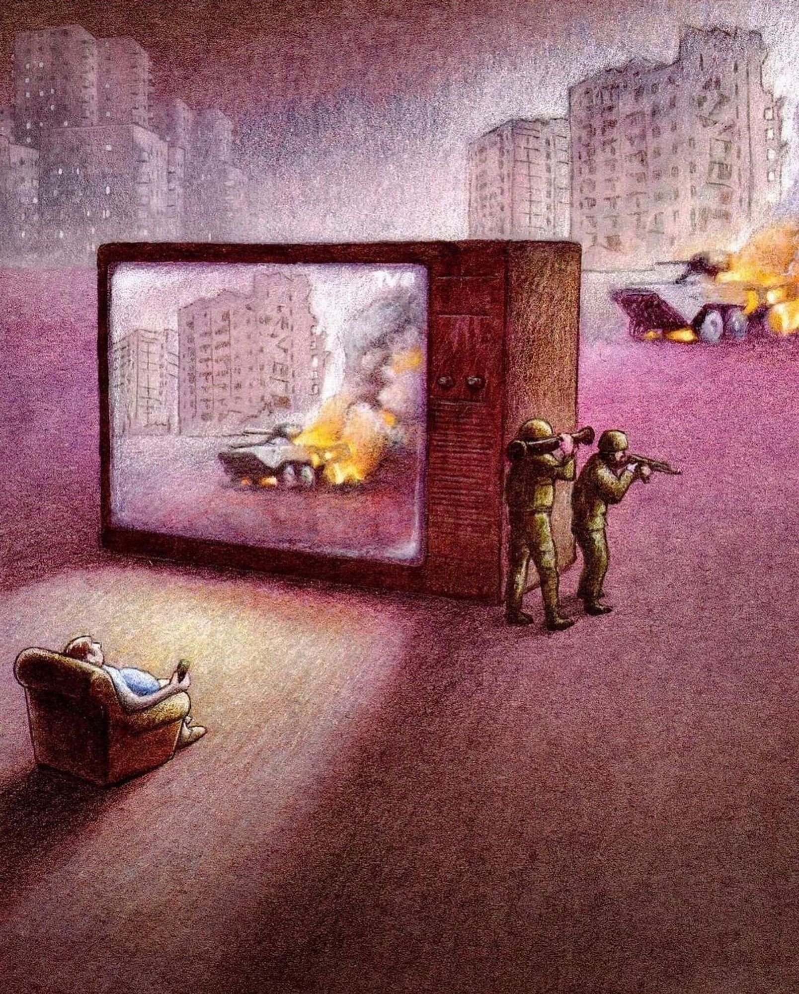 Photo d’un homme qui regarde des images de guerre dans un immense écran TV alors que tout autour il y a les mêmes images de soldats, de blindé en flammes et de ville en ruines.
Source @pawel_kuczynski1