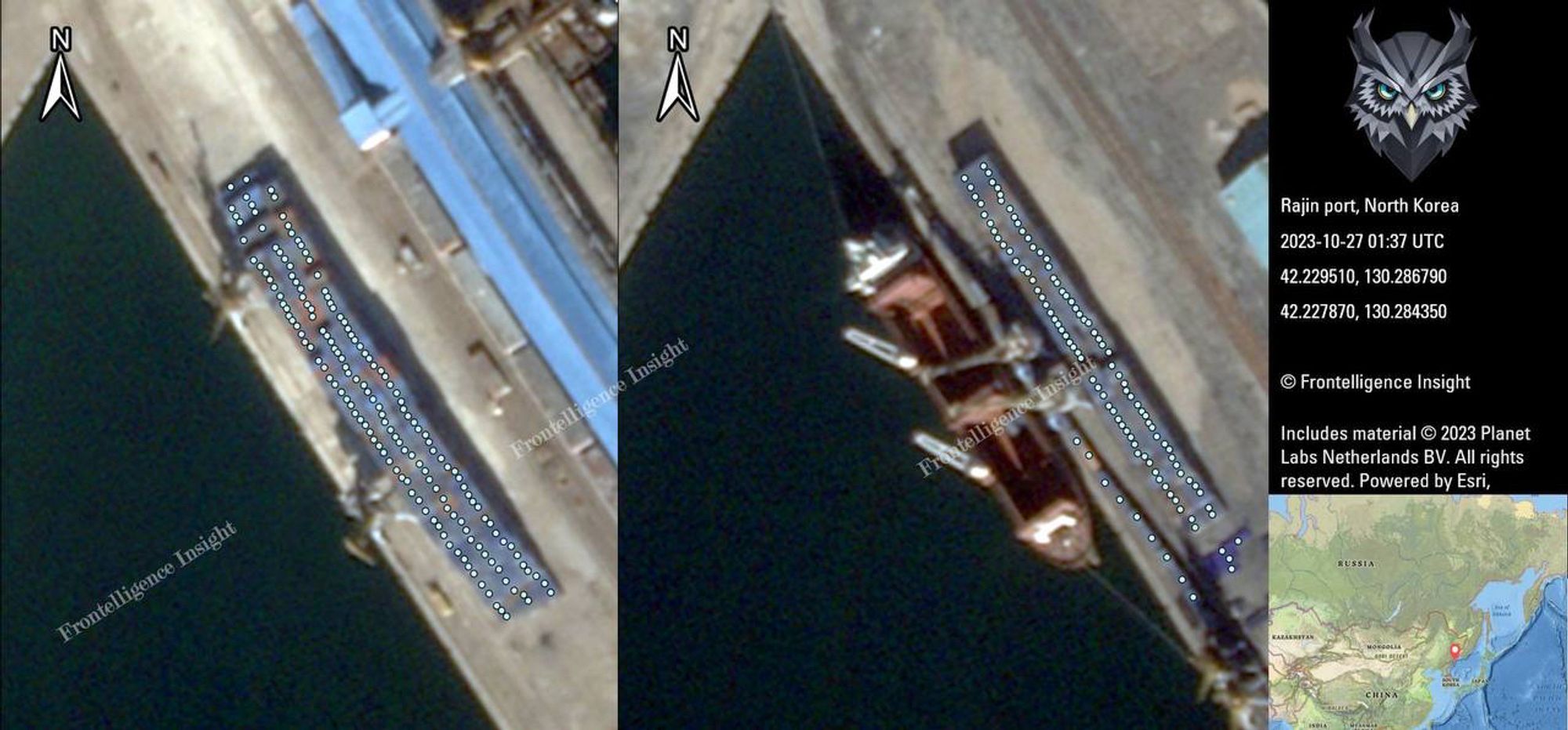 Images satellite des ports entre Corée du Nord et Russie montrant les stocks de matériels et containers transportés.