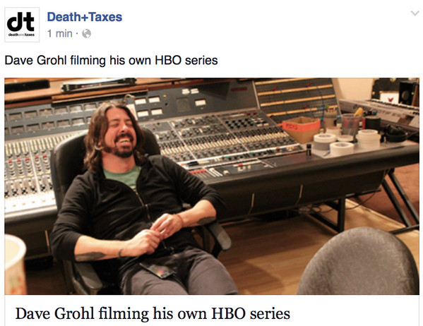 A screenshot of a Facebook post from the now-defunct website Death and Taxes, where the Facebook post, "Dave Grohl filming his own HBO series," is identical to the headline of the linked post, "Dave Grohl filming his own HBO series." This is just my years-long dislike of social media managers who double or triple up on a headline without using the opportunity to craft a punchy or hooky bit of text to augment the headline. It's lazy! It misses an opportunity. But Dave Grohl's in the news again because this time he got some lady who isn't his wife pregnant, and this is my very thin pretext to repost one of my favorite Twitter gags here.